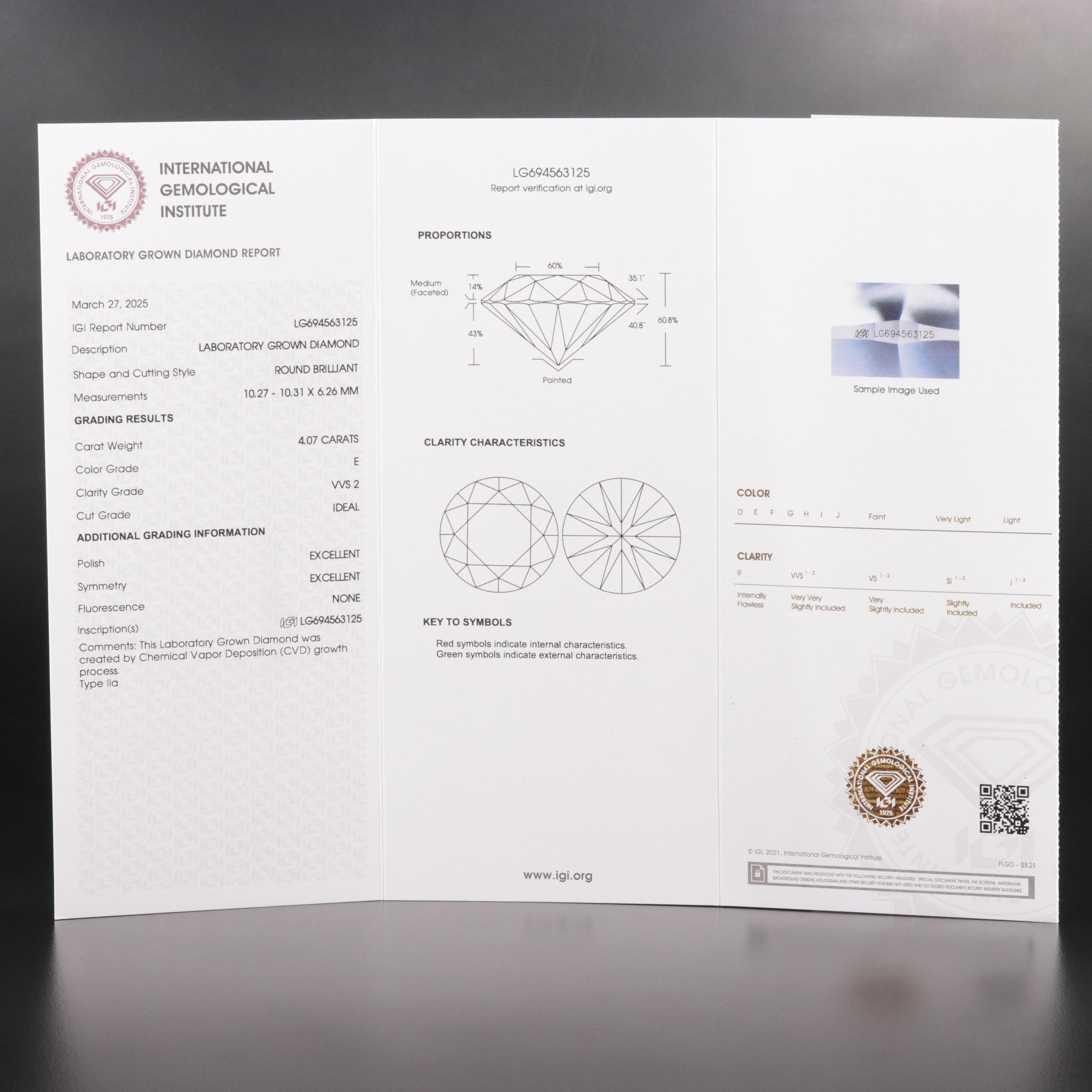 Loose 4.07 CT Lab Grown Diamond with IGI Report