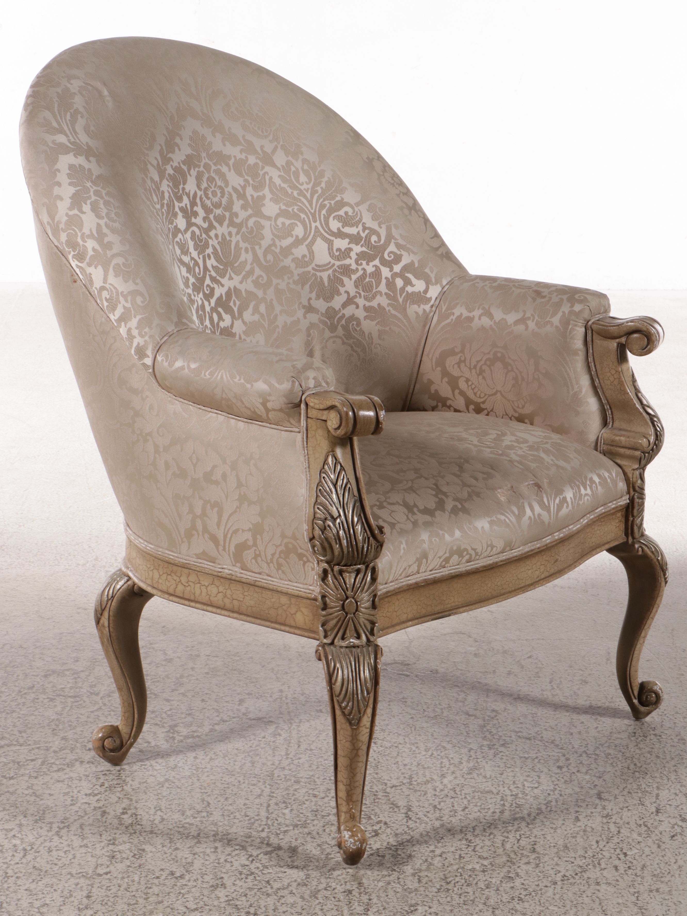 Louis XVI Style Carved Wood Damask Upholstered Barrel Back Armchair