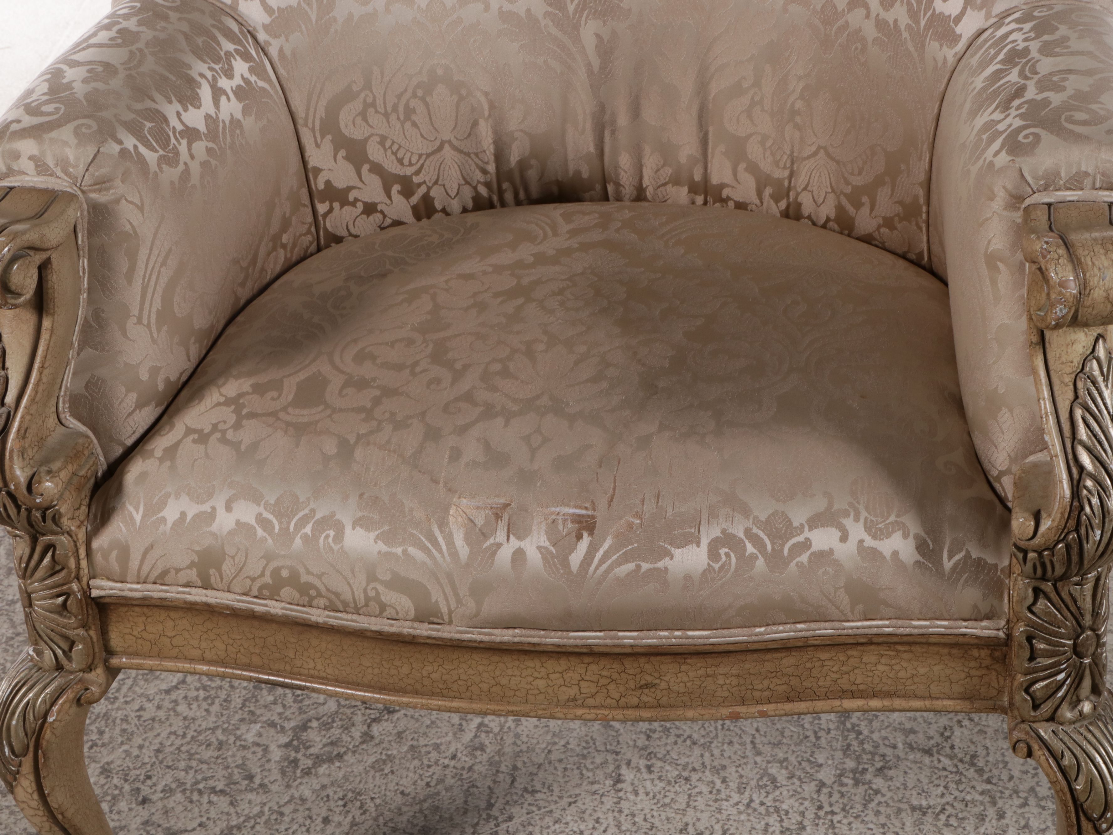 Louis XVI Style Carved Wood Damask Upholstered Barrel Back Armchair