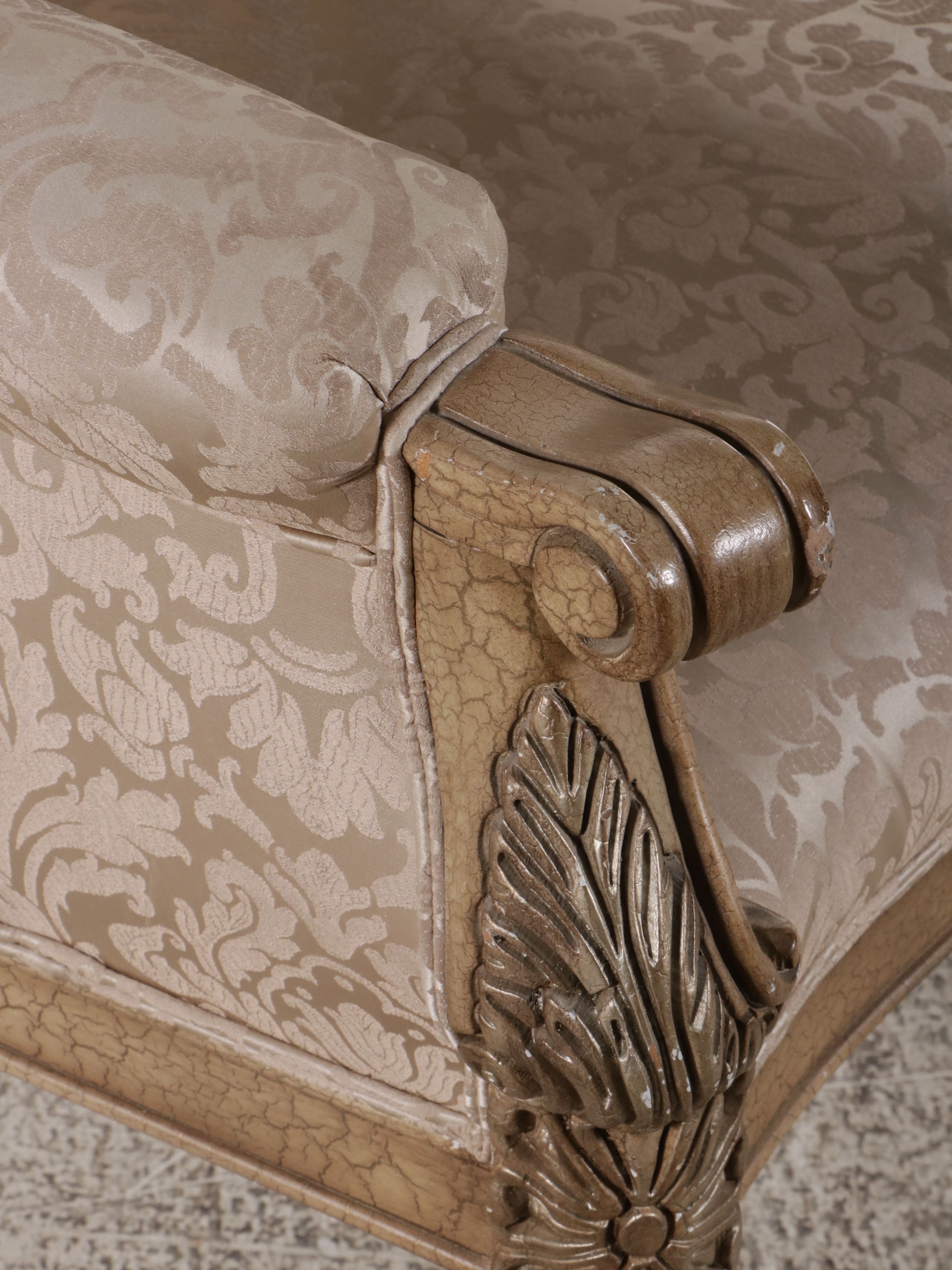 Louis XVI Style Carved Wood Damask Upholstered Barrel Back Armchair