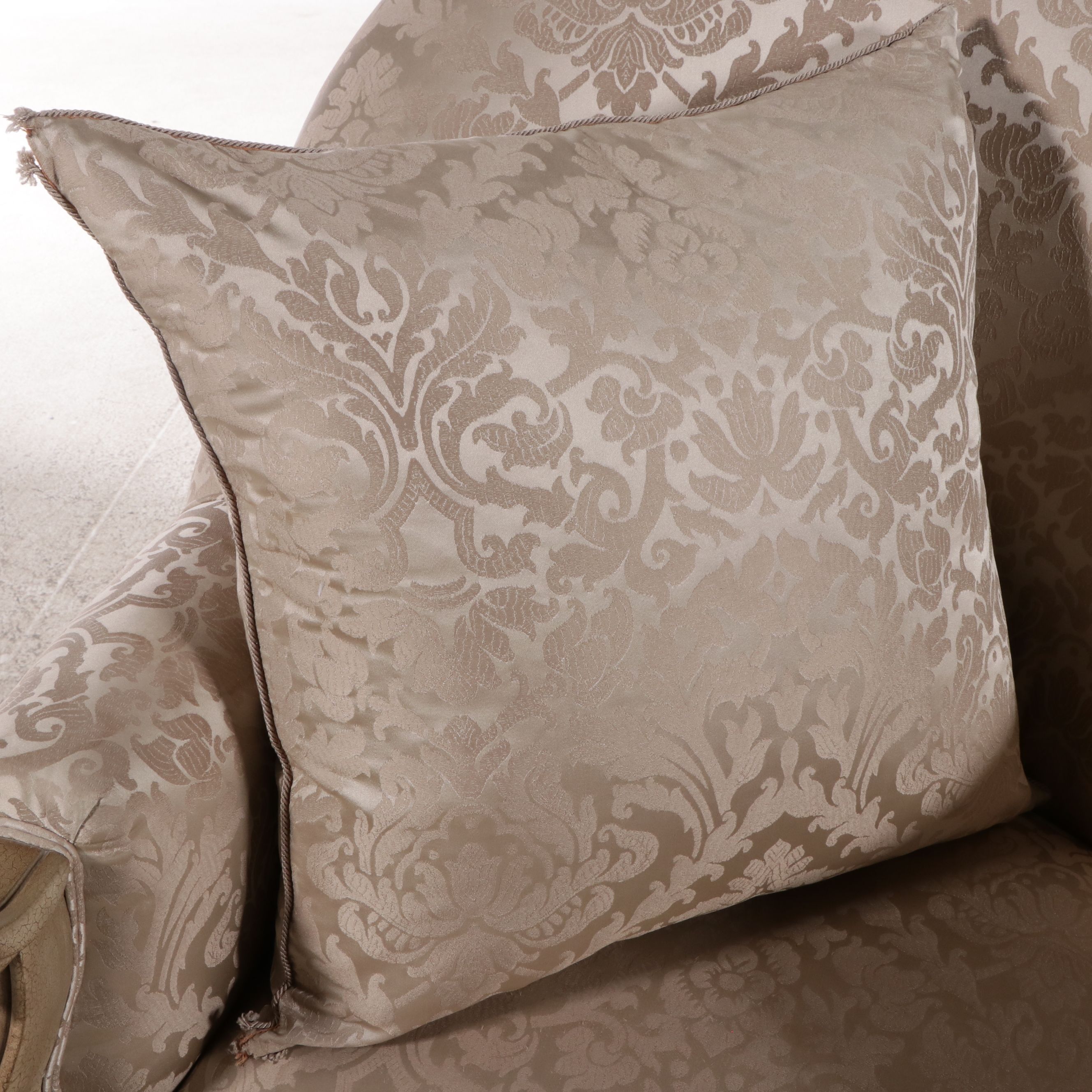 Louis XVI Style Carved Wood Damask Upholstered Barrel Back Armchair