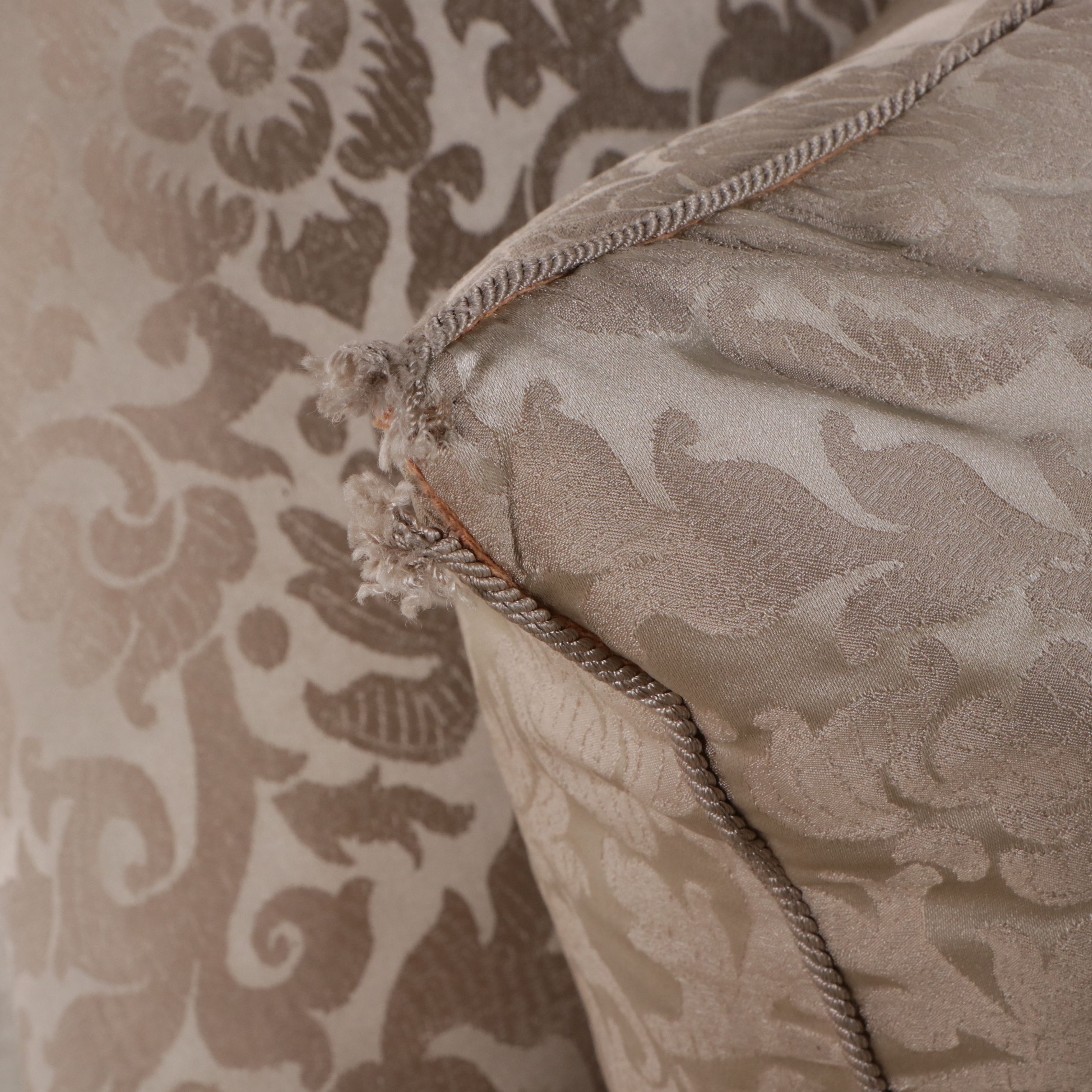 Louis XVI Style Carved Wood Damask Upholstered Barrel Back Armchair