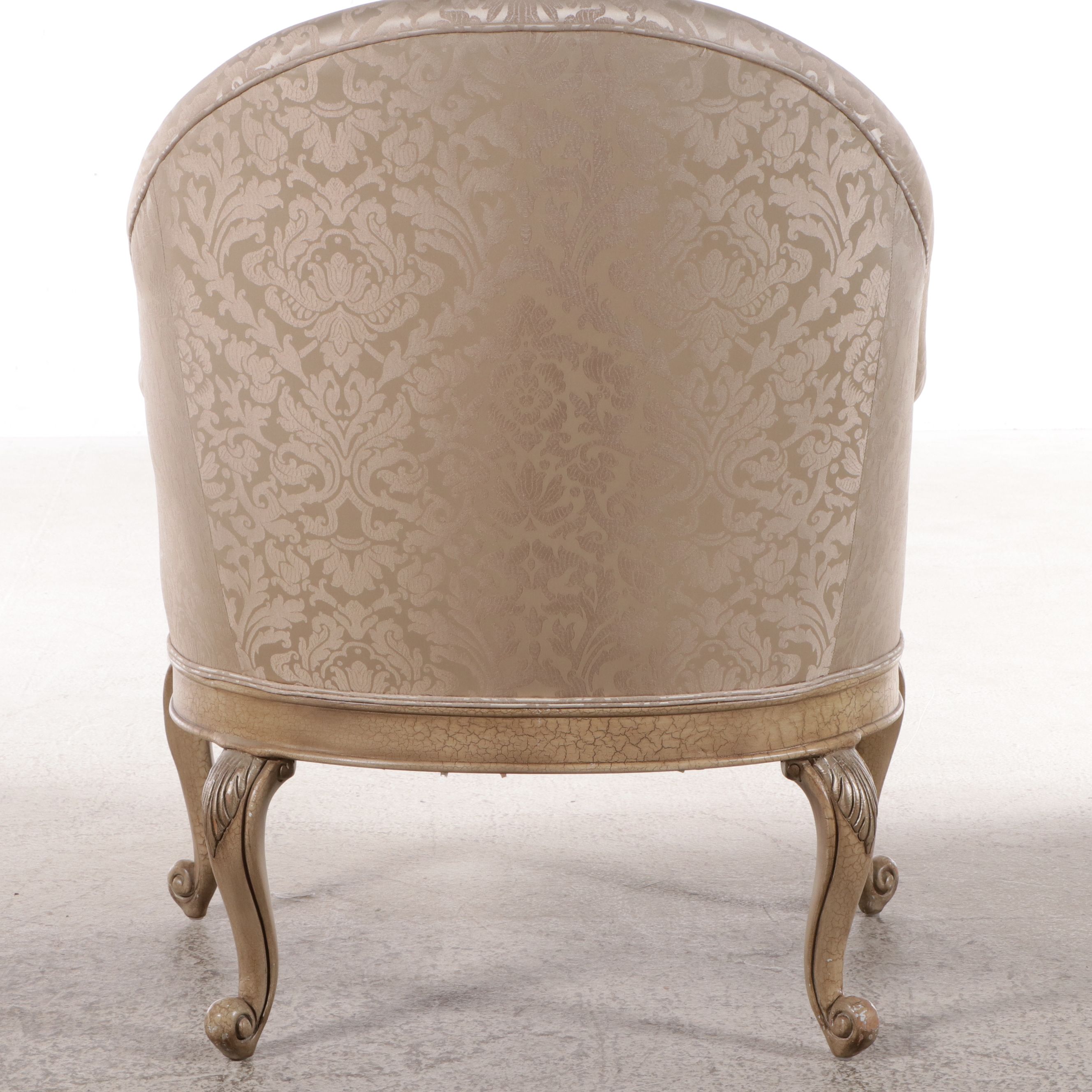 Louis XVI Style Carved Wood Damask Upholstered Barrel Back Armchair