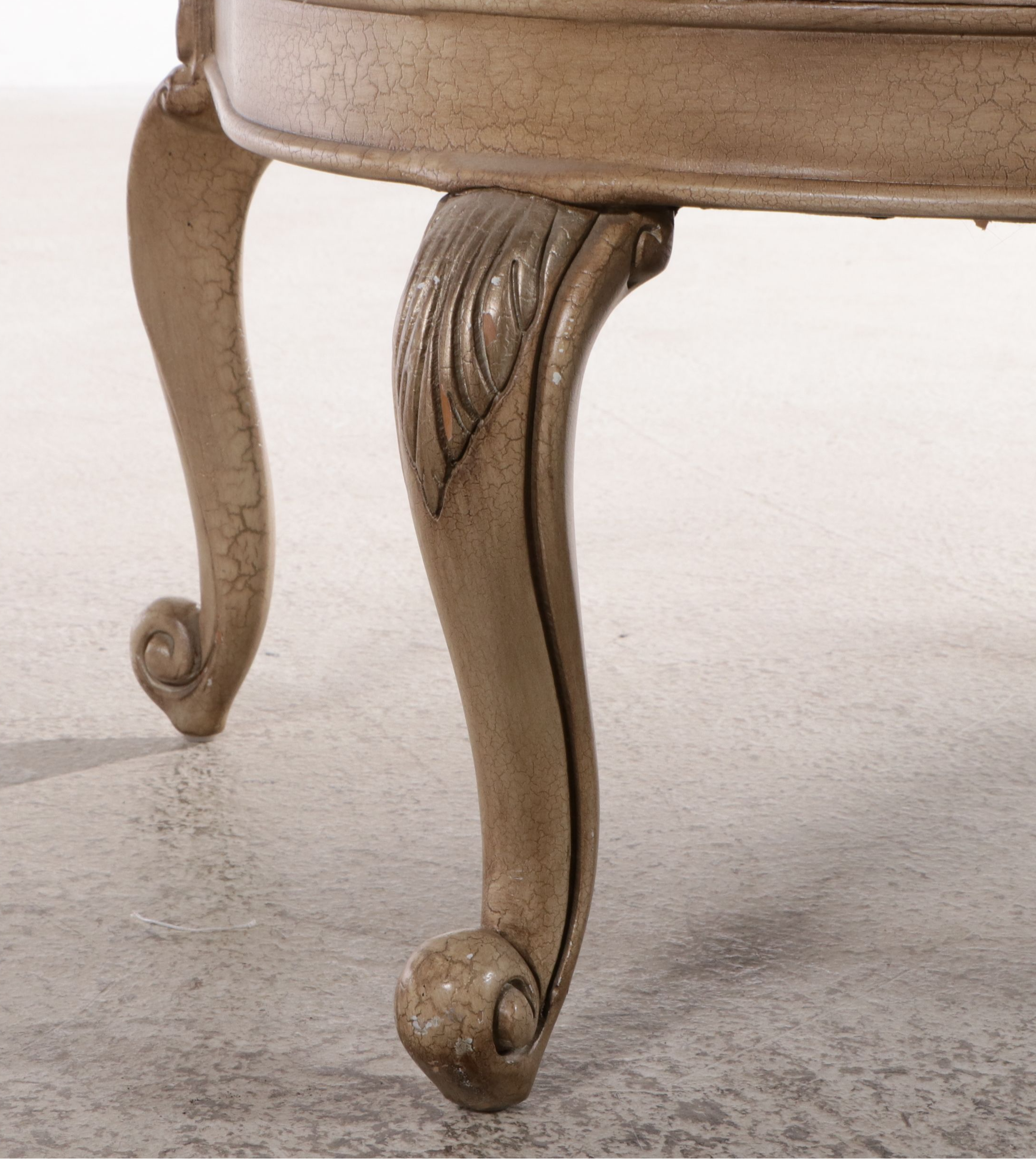 Louis XVI Style Carved Wood Damask Upholstered Barrel Back Armchair