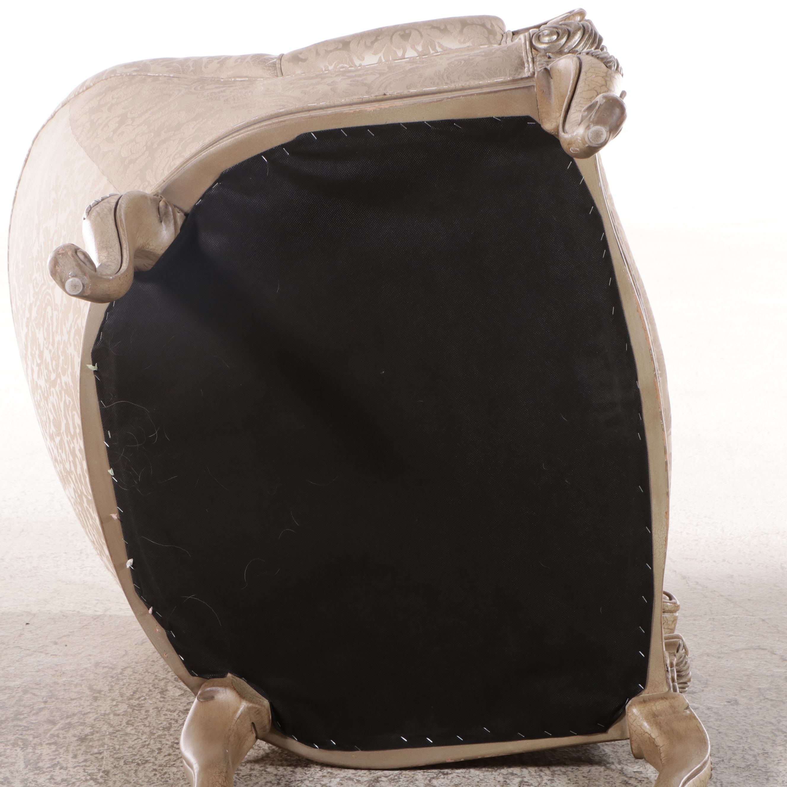 Louis XVI Style Carved Wood Damask Upholstered Barrel Back Armchair