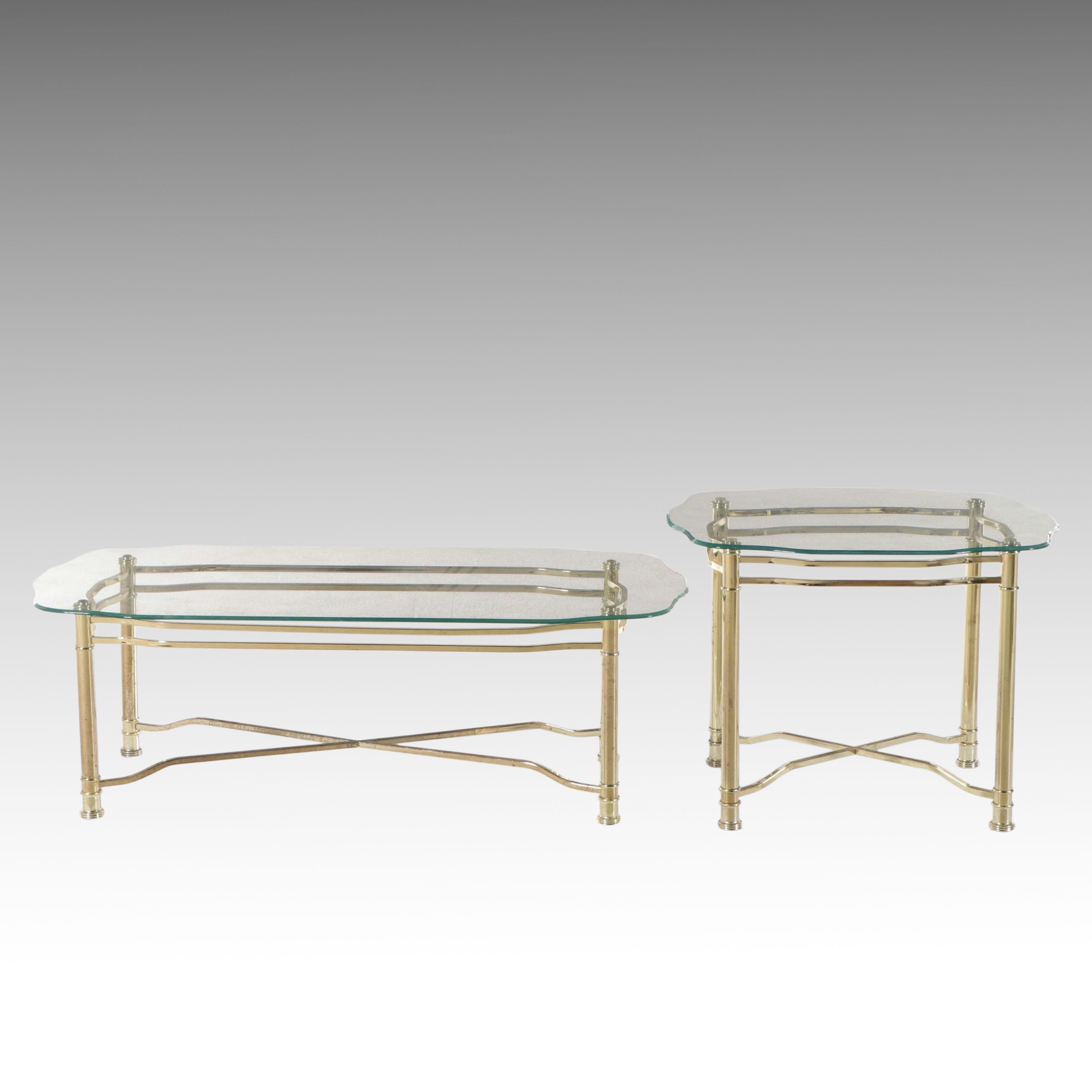 Hollywood Regency Style Brass Glass Top Coffee and Side Tables