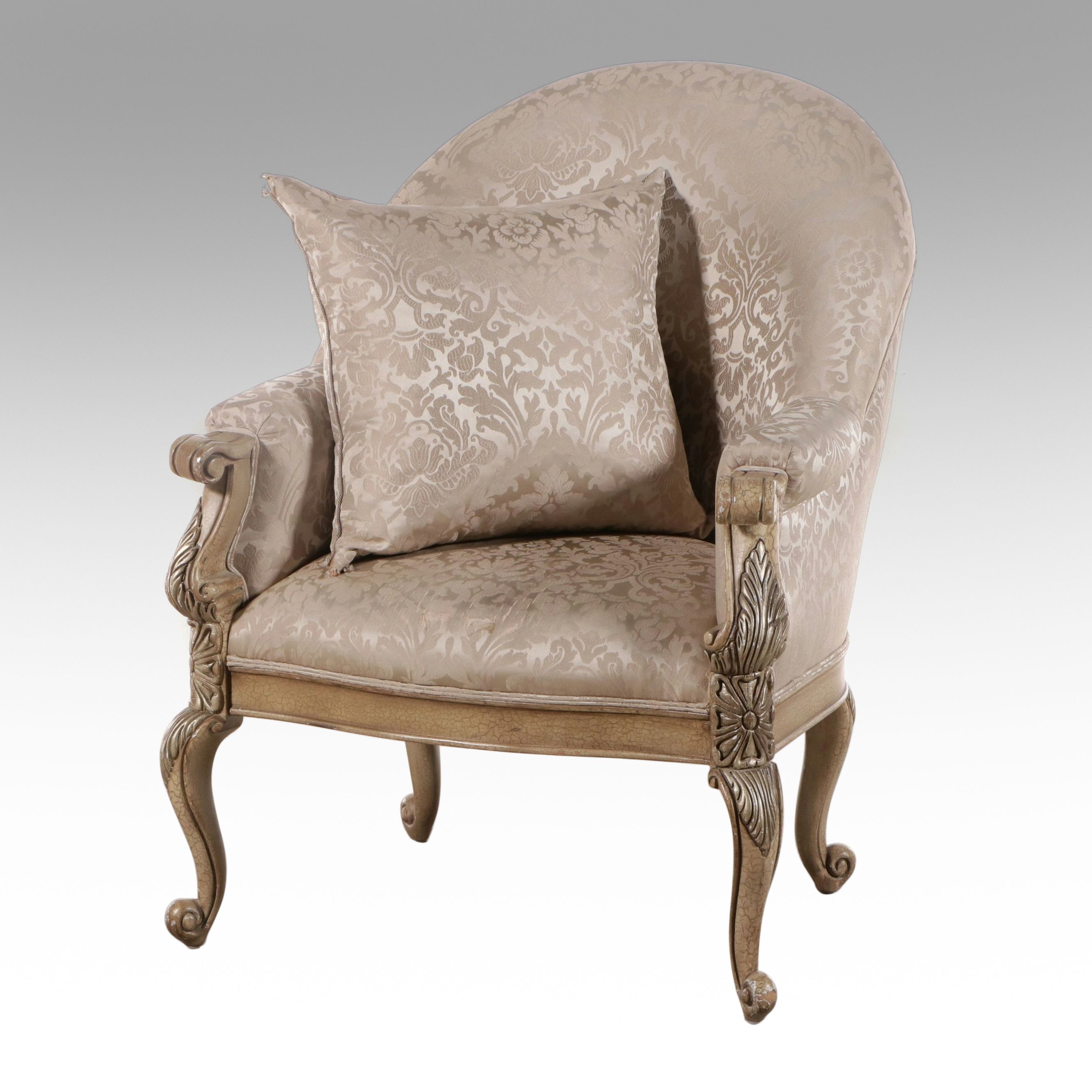 Louis XVI Style Carved Wood Damask Upholstered Barrel Back Armchair