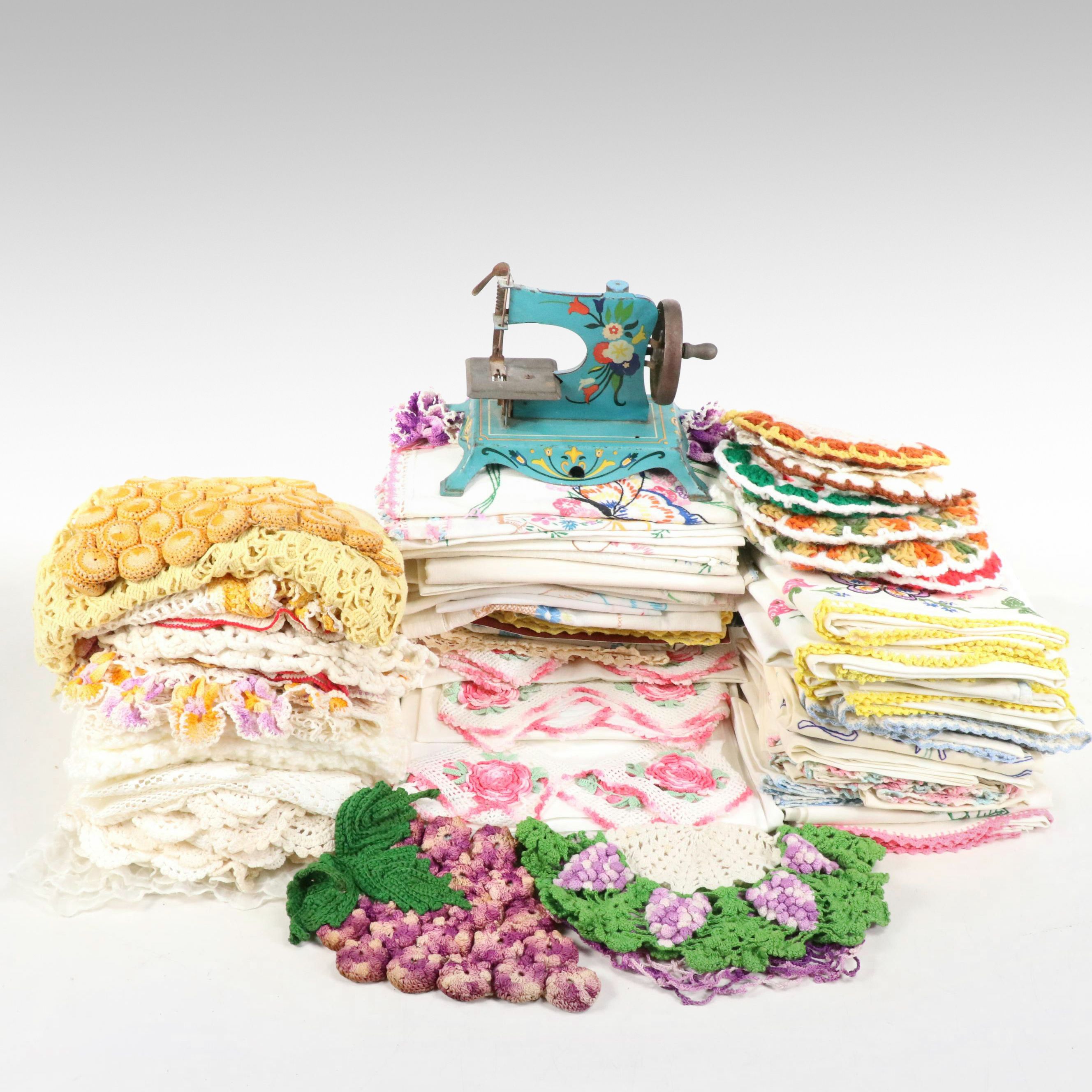Lindstrom Toy Sewing Machine with Hand-Embroidered Pillowcases and Other Linens