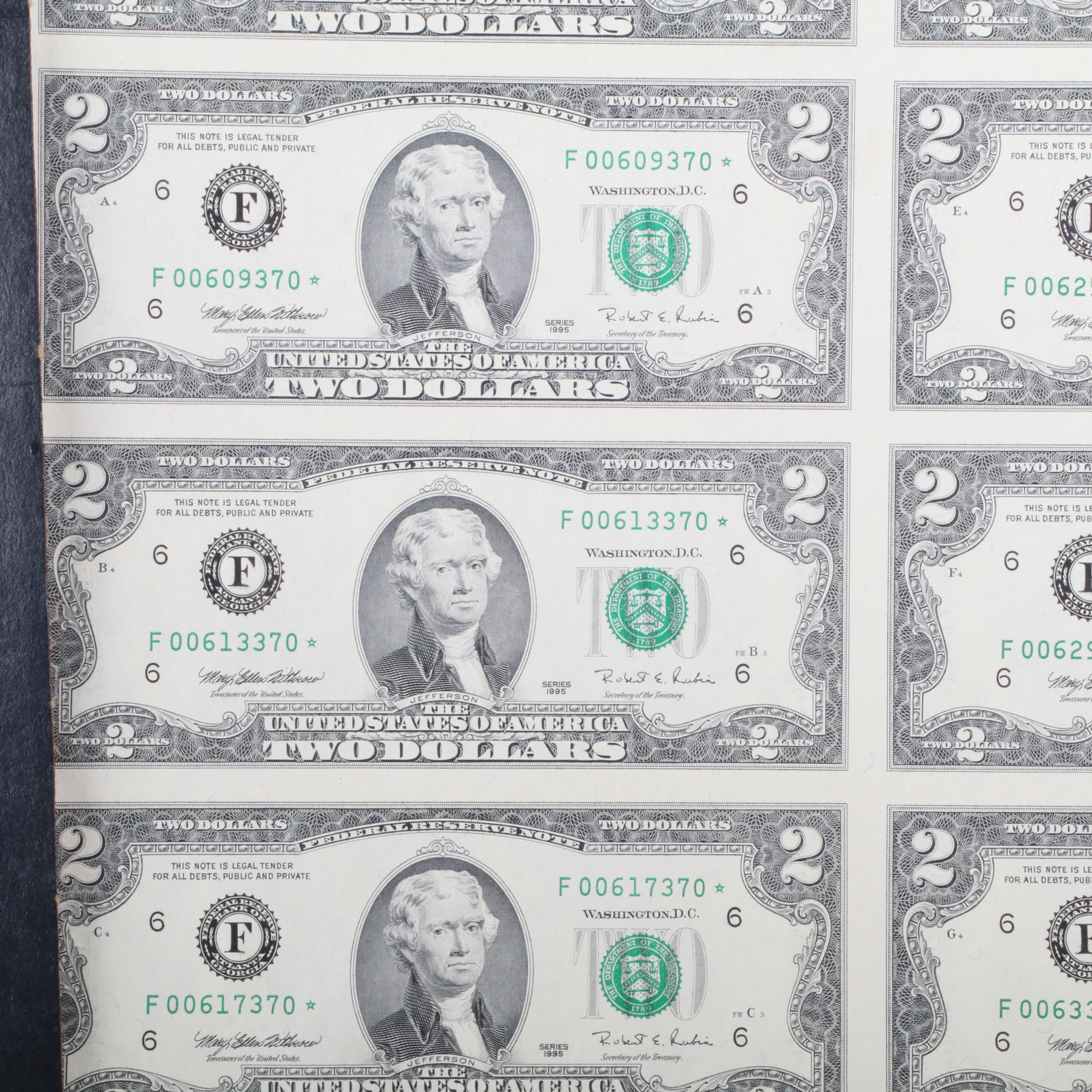 Uncut Sheet of Sixteen $2 Federal Reserve "Star" Notes, Series 1995