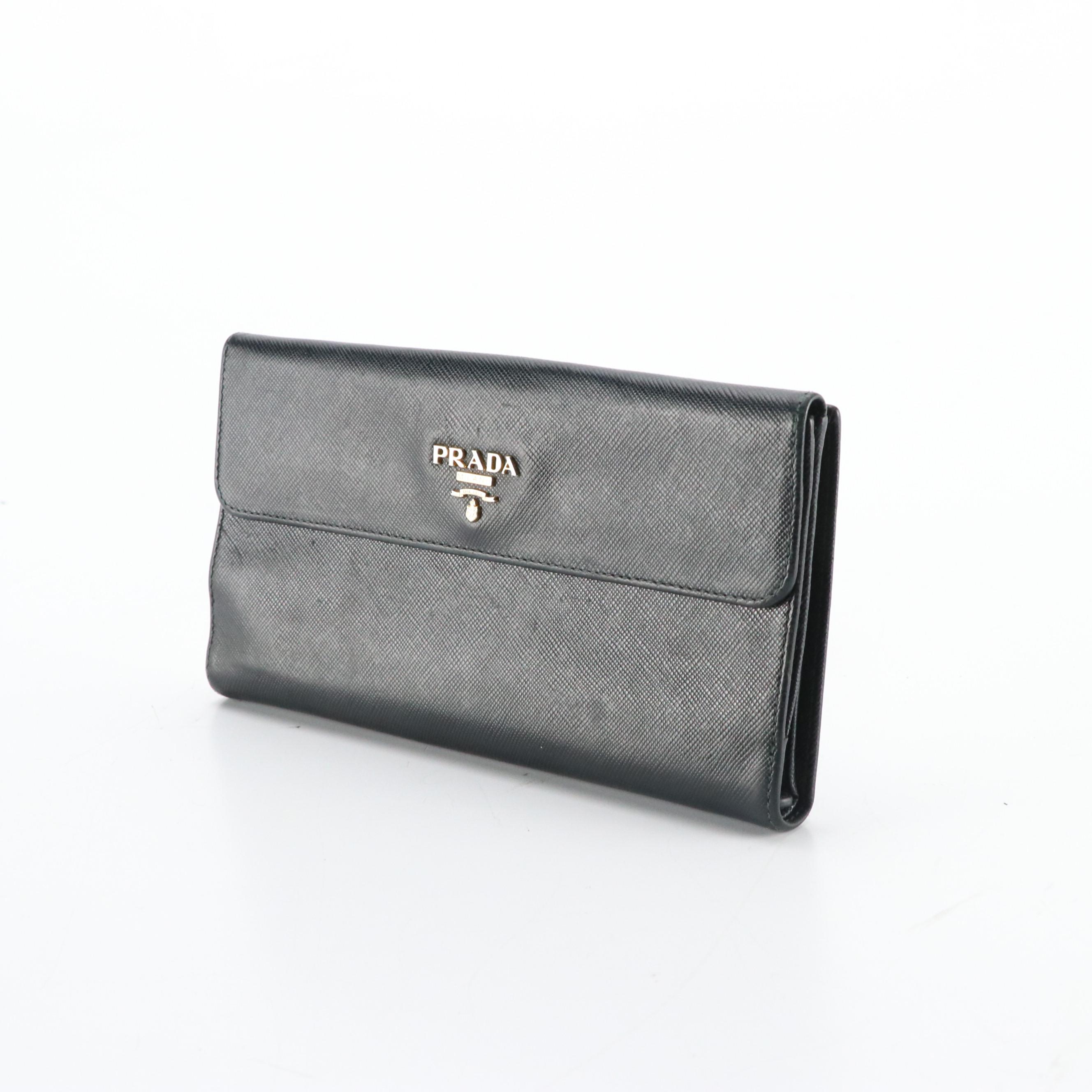 Prada Long Flap Wallet in Black Saffiano Leather