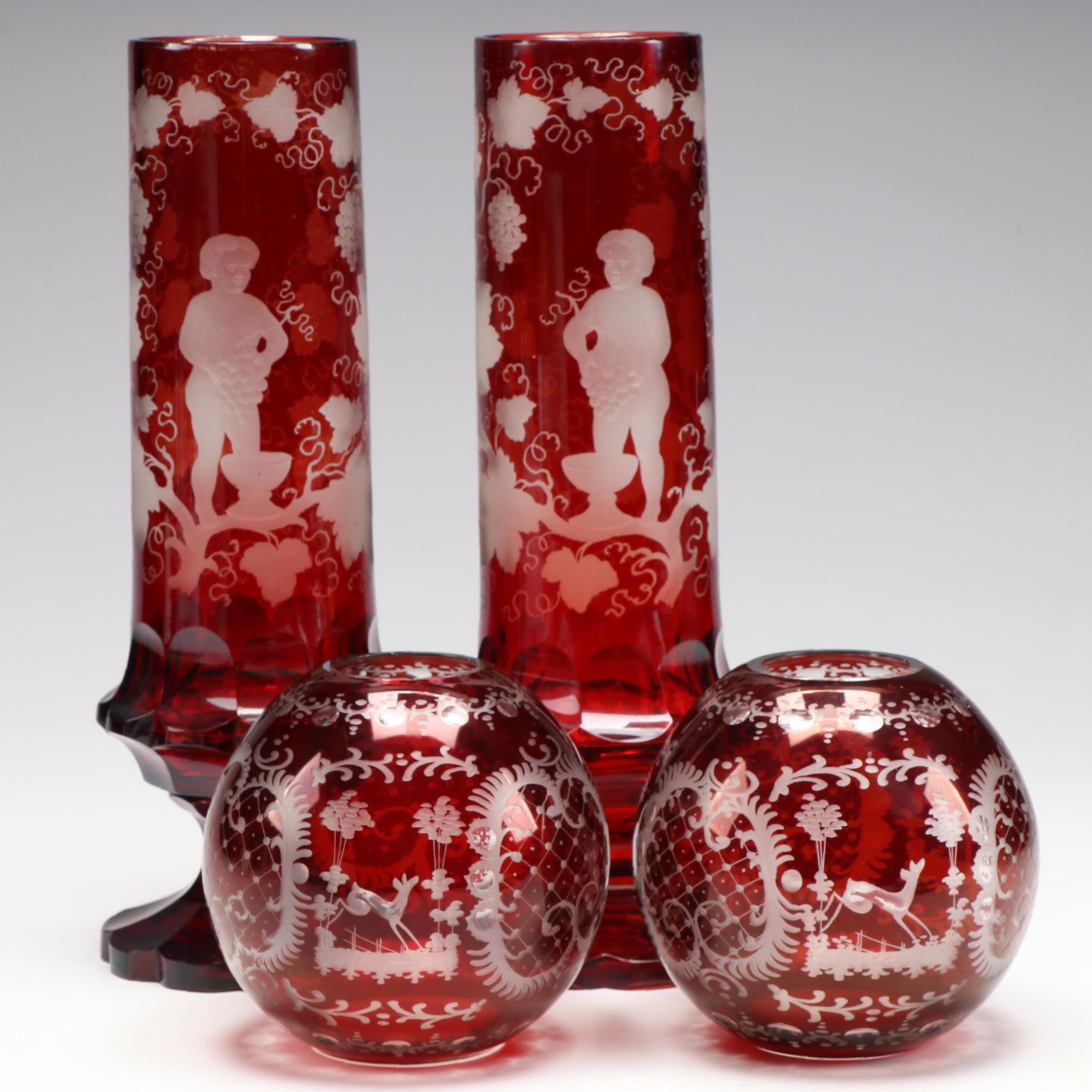 Bohemian Style Ruby Cut to Clear Glass Rose Bowls and Footed Vases