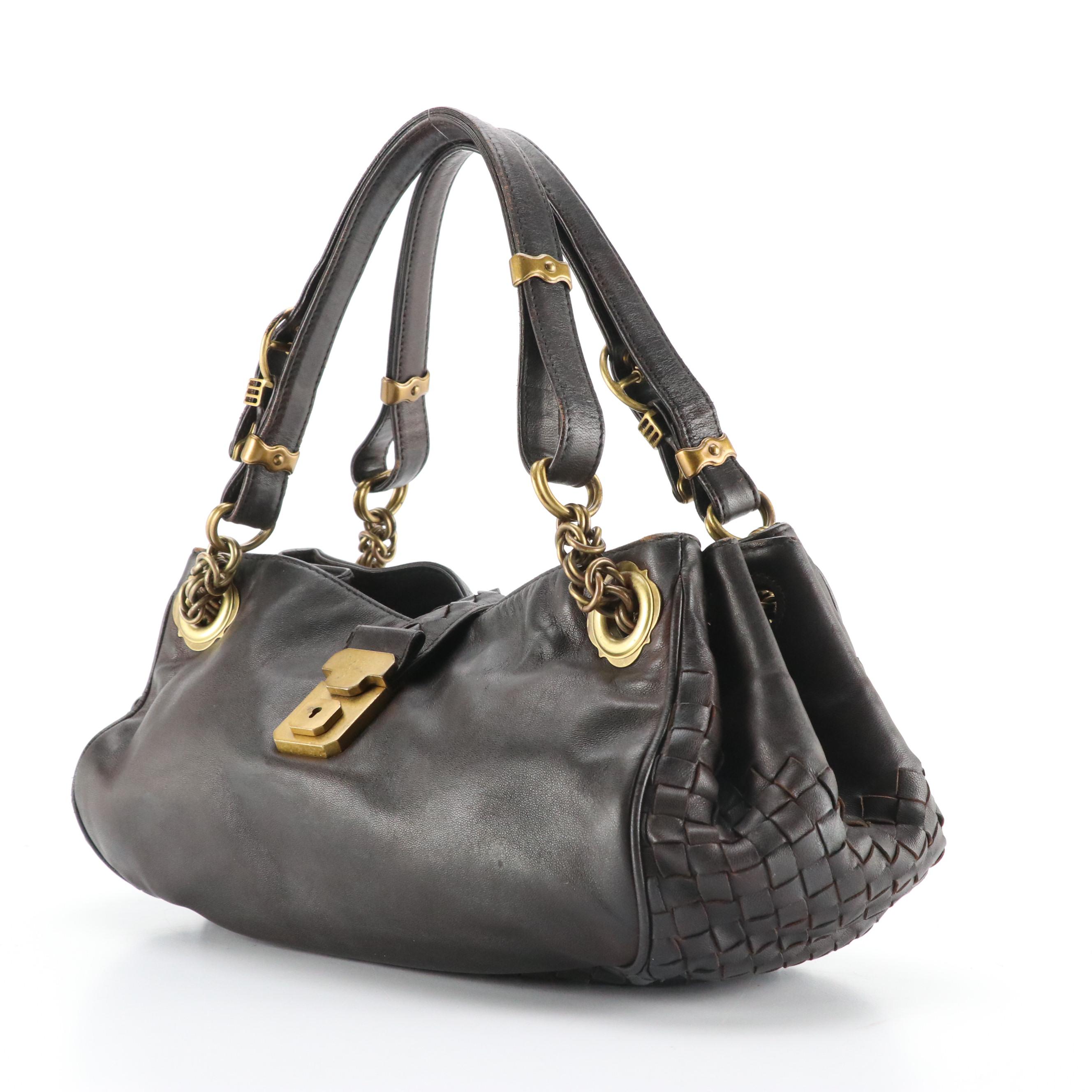 Bottega Veneta Dark Brown Leather Satchel with Intrecciato Details