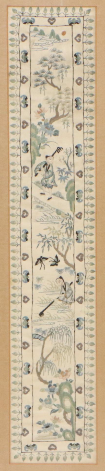 Chinese Garden Landscape "Painting by Needle" Embroidered Silk Panels, 20th C.