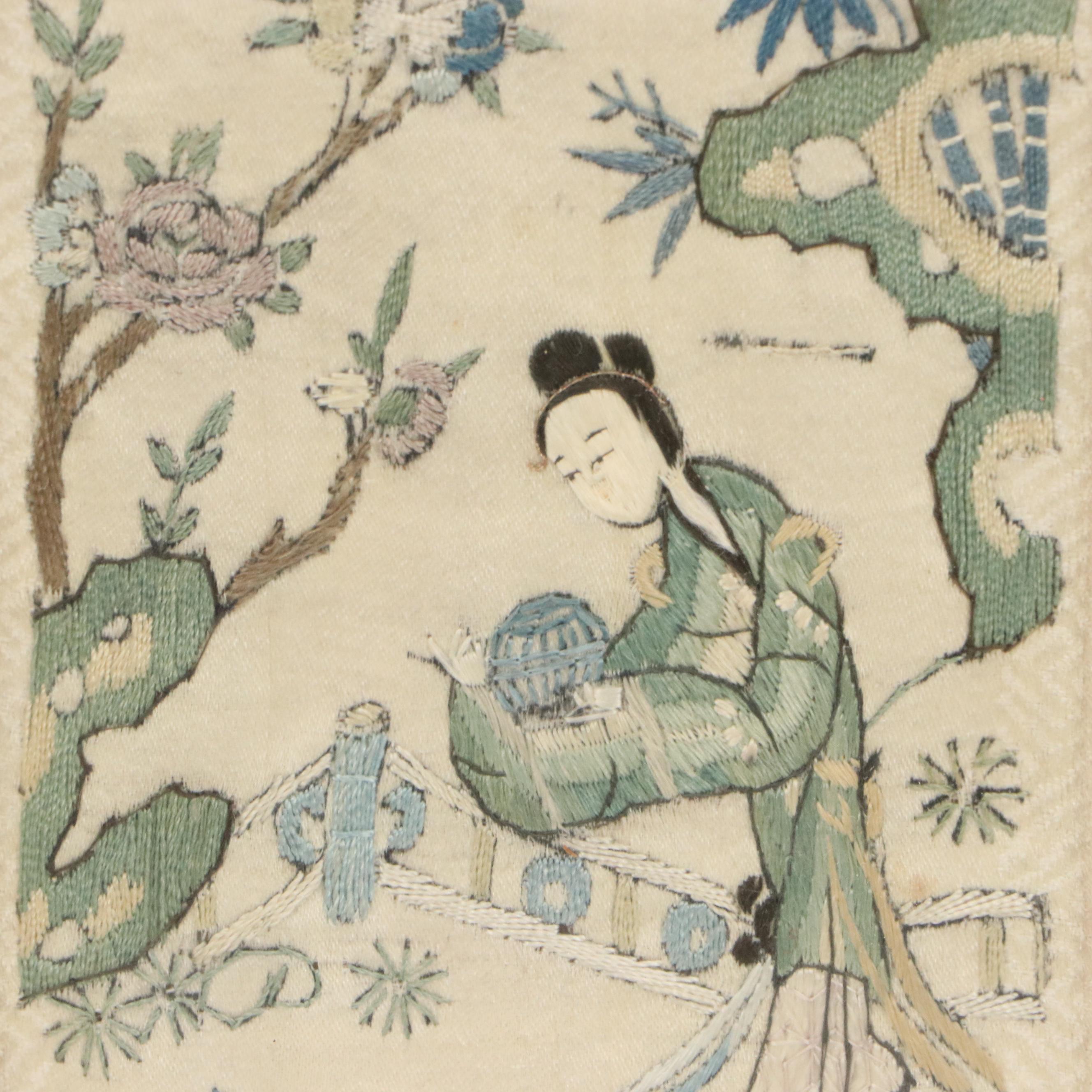 Chinese Garden Landscape "Painting by Needle" Embroidered Silk Panels, 20th C.