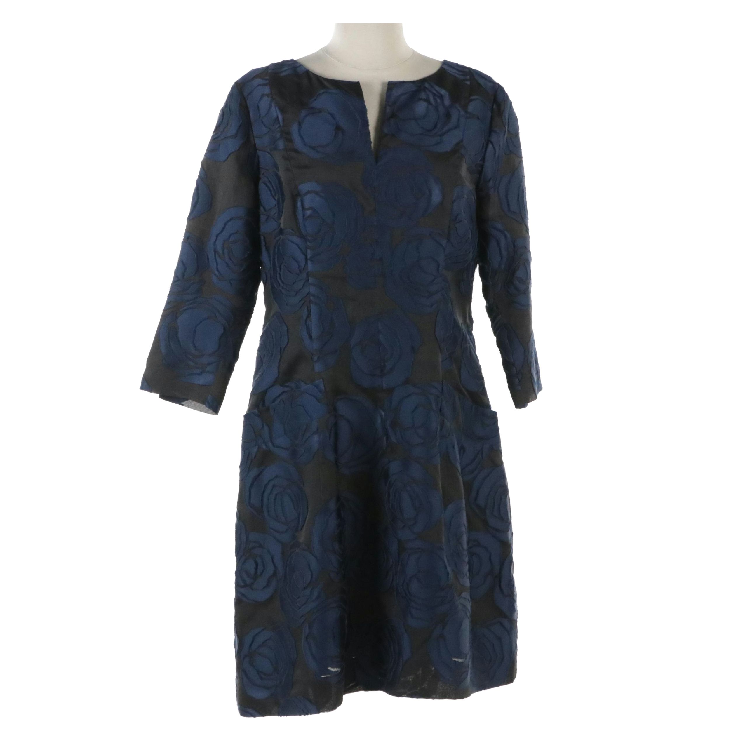 Oscar de la Renta Blue Rose Appliqué Silk Blend Dress