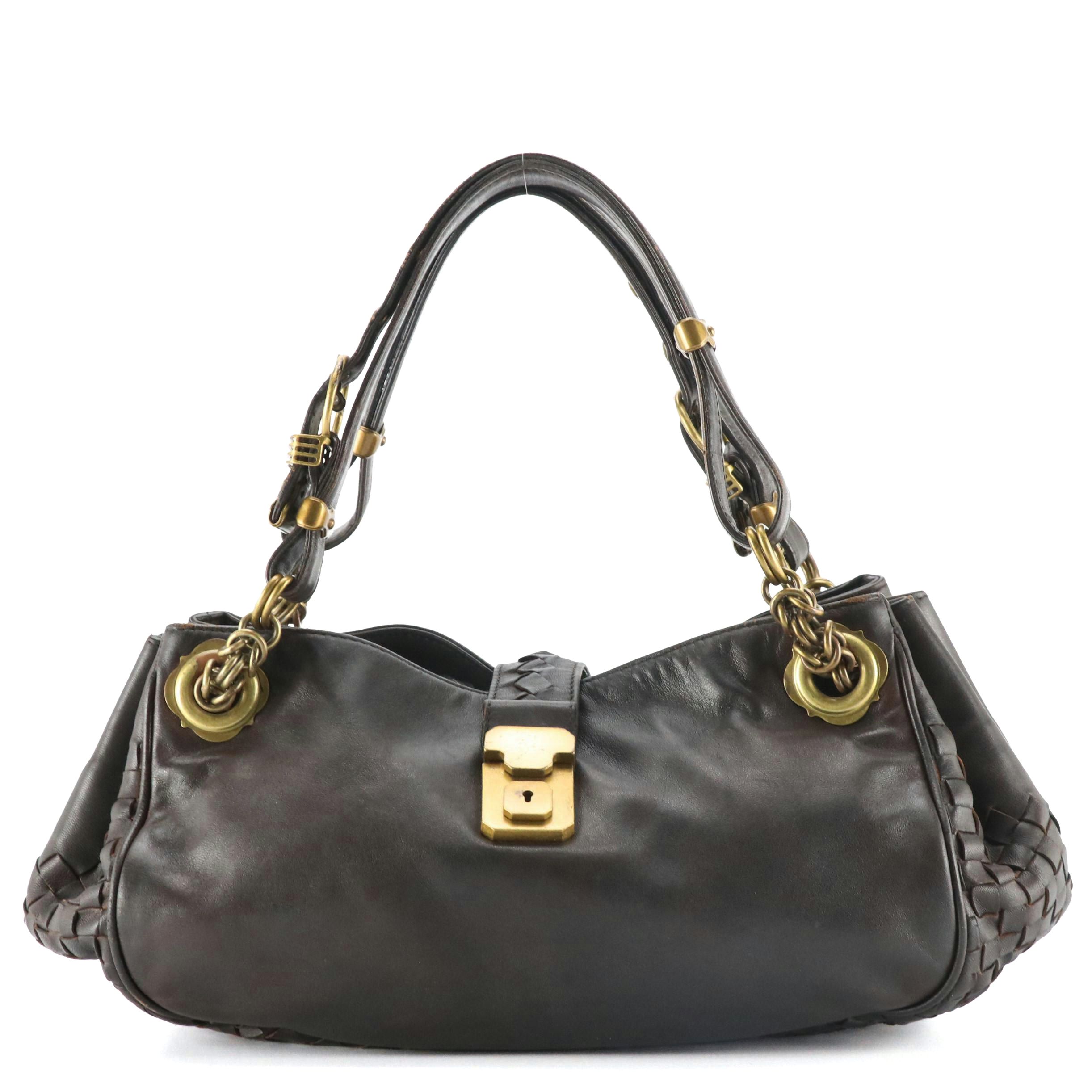 Bottega Veneta Dark Brown Leather Satchel with Intrecciato Details