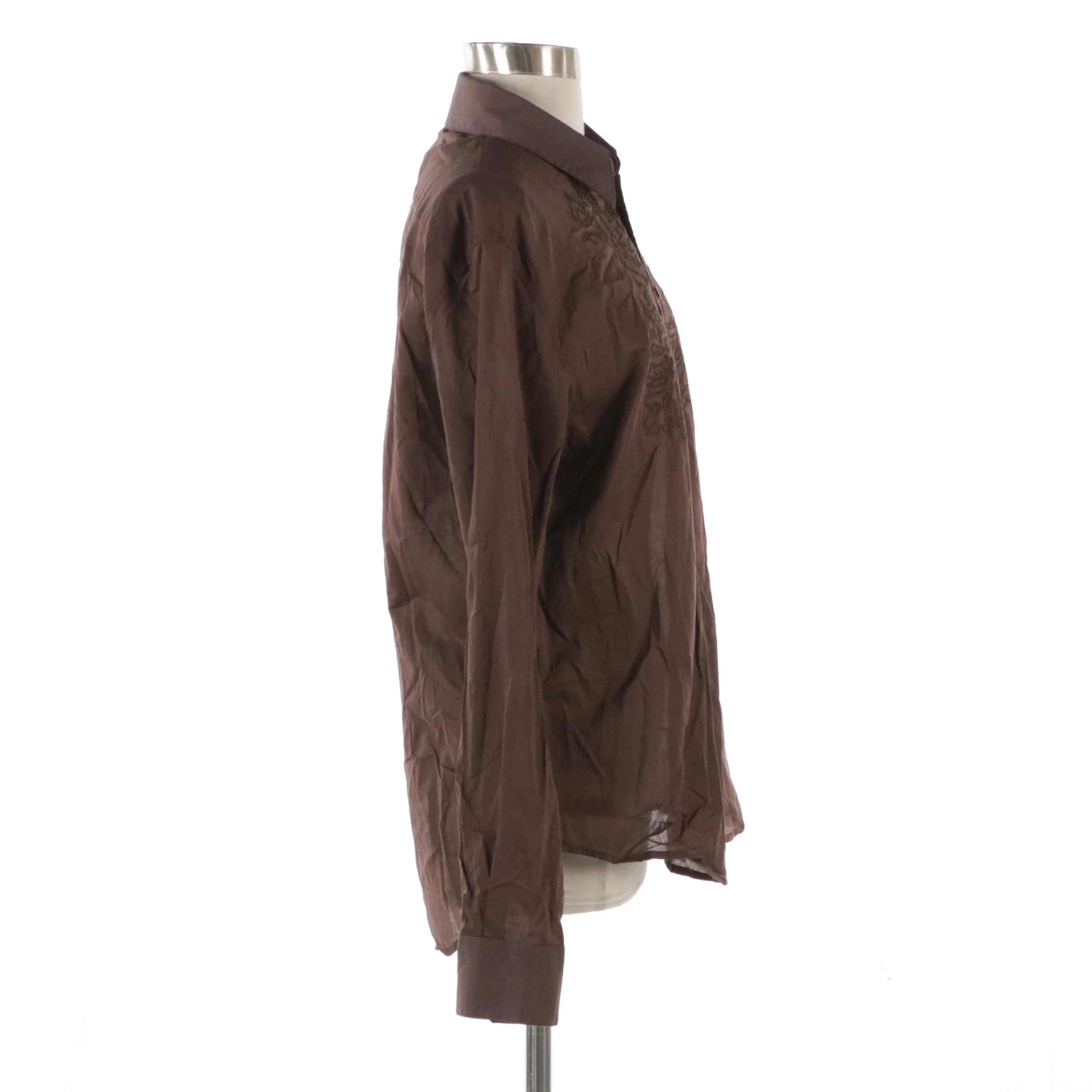 Roberto Cavalli Class Embroidered Brown Sheer Cotton Shirt, With Tags