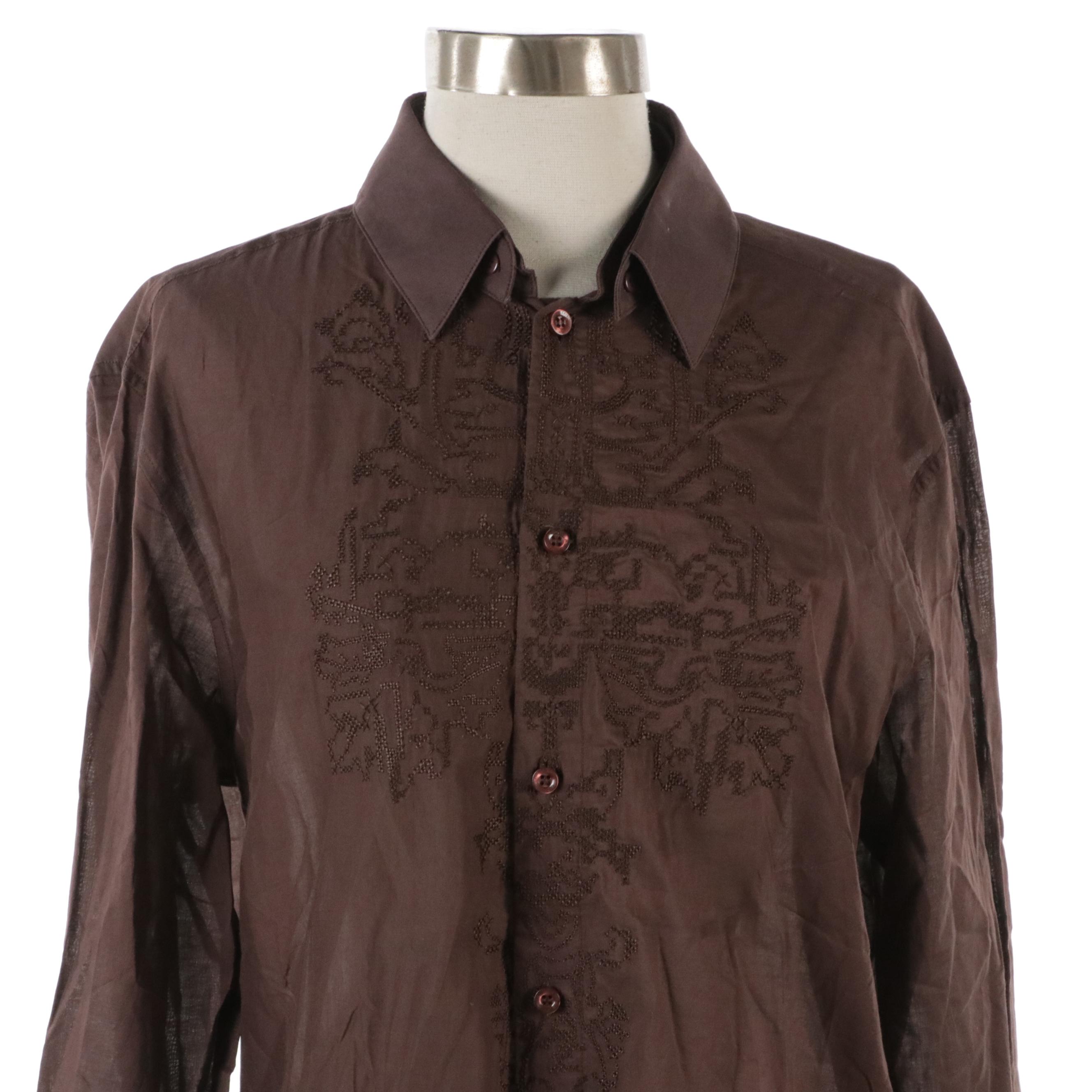 Roberto Cavalli Class Embroidered Brown Sheer Cotton Shirt, With Tags