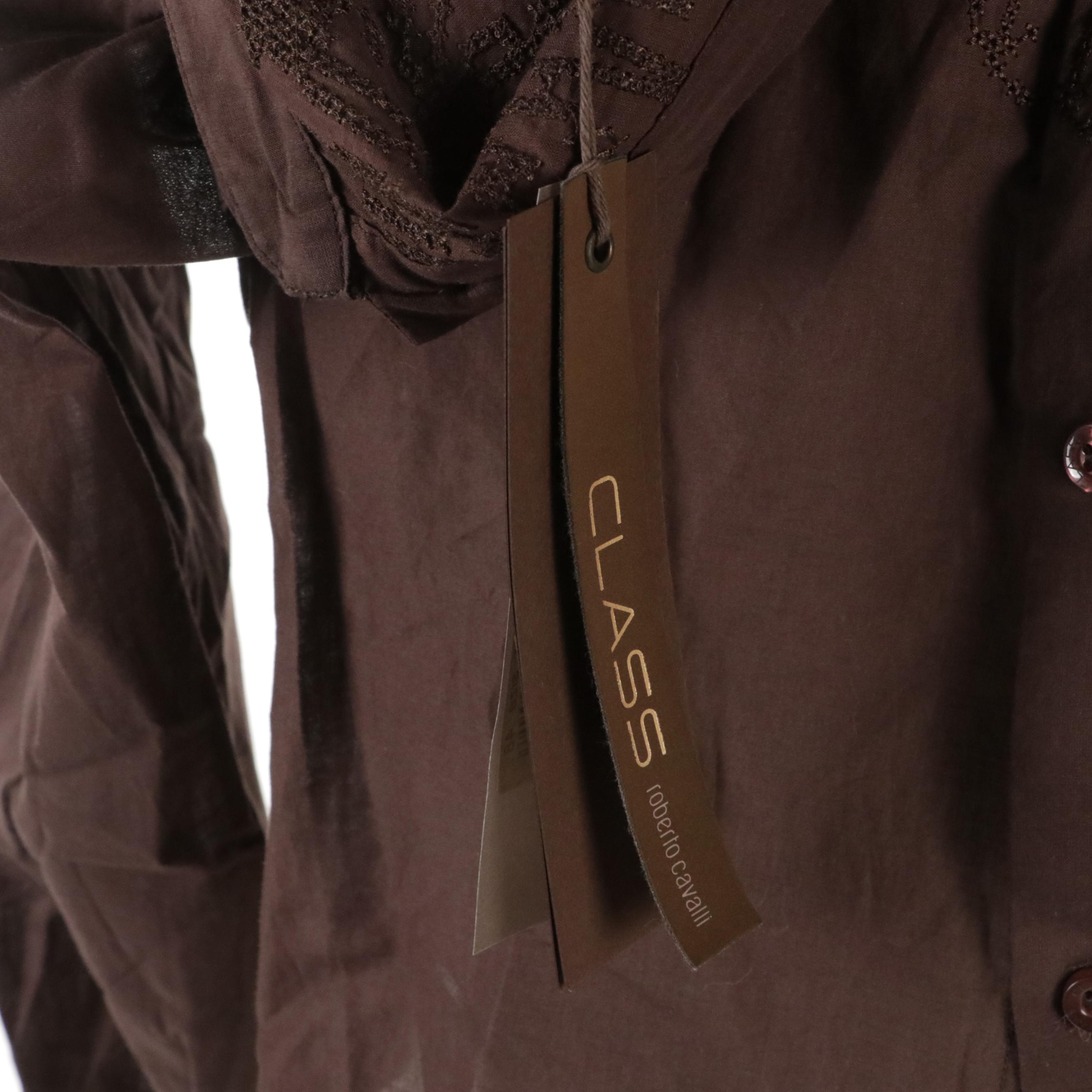 Roberto Cavalli Class Embroidered Brown Sheer Cotton Shirt, With Tags