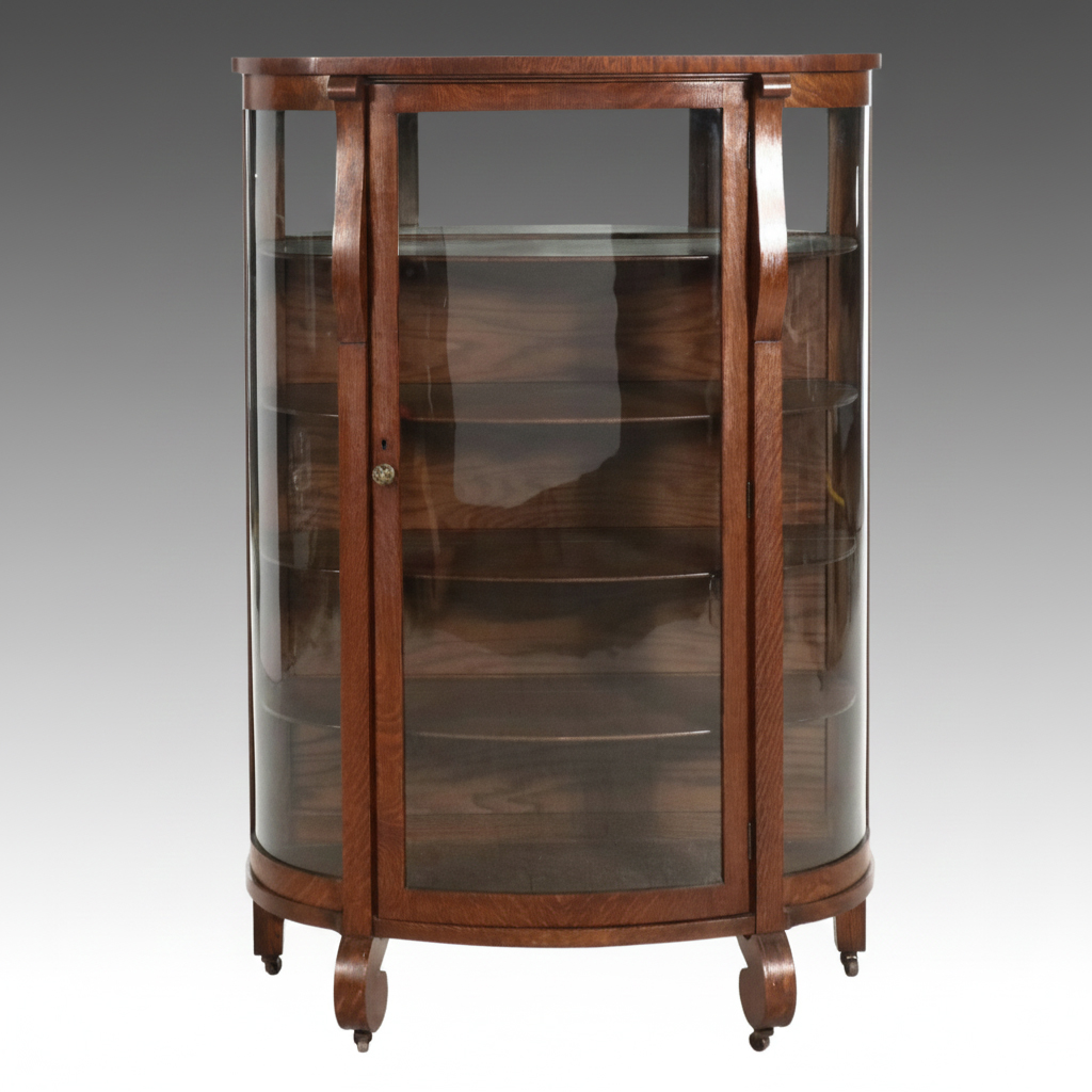 Oak Curved-Front Display Cabinet, Early 20th Century