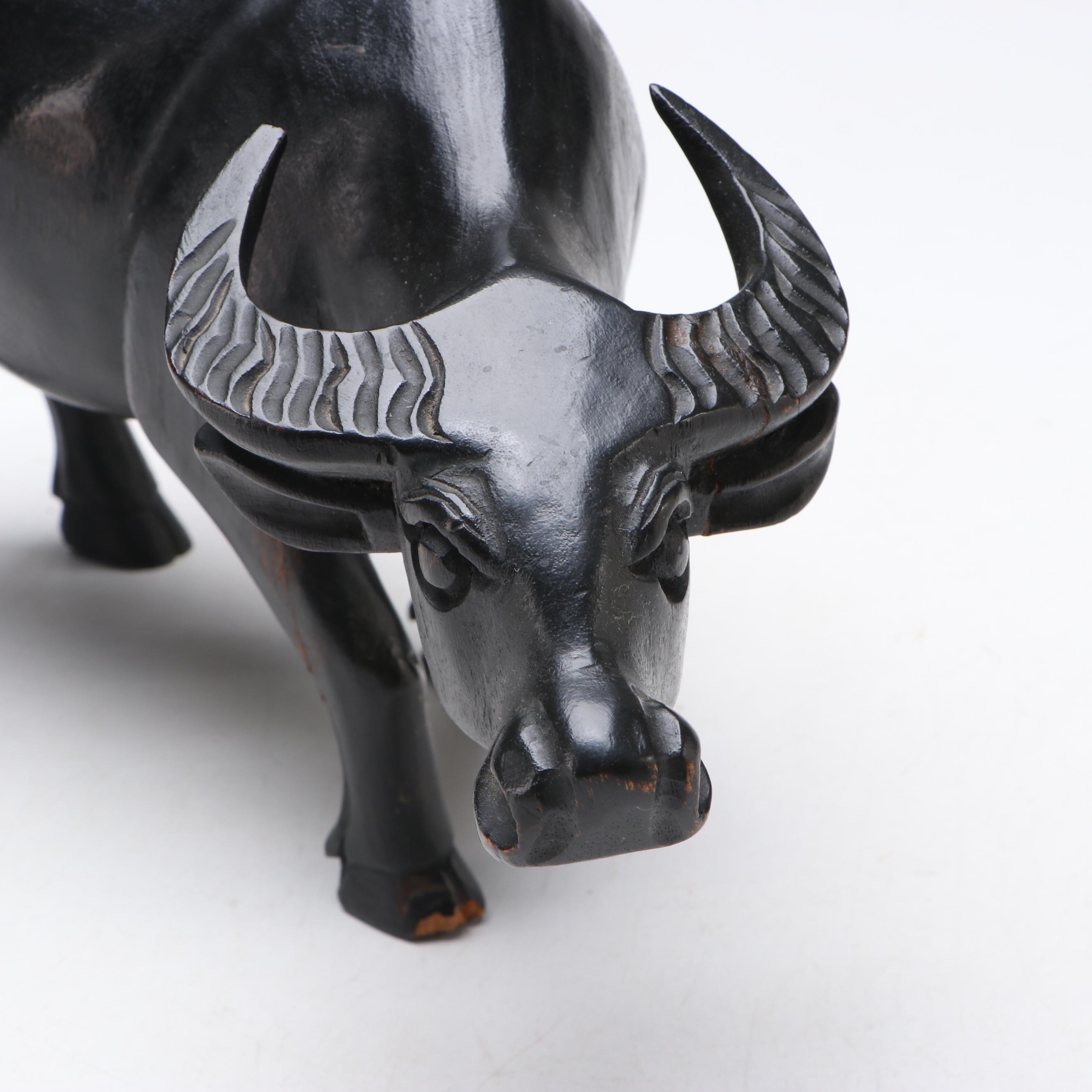 Asian Hand-Carved Wooden Water Buffalo