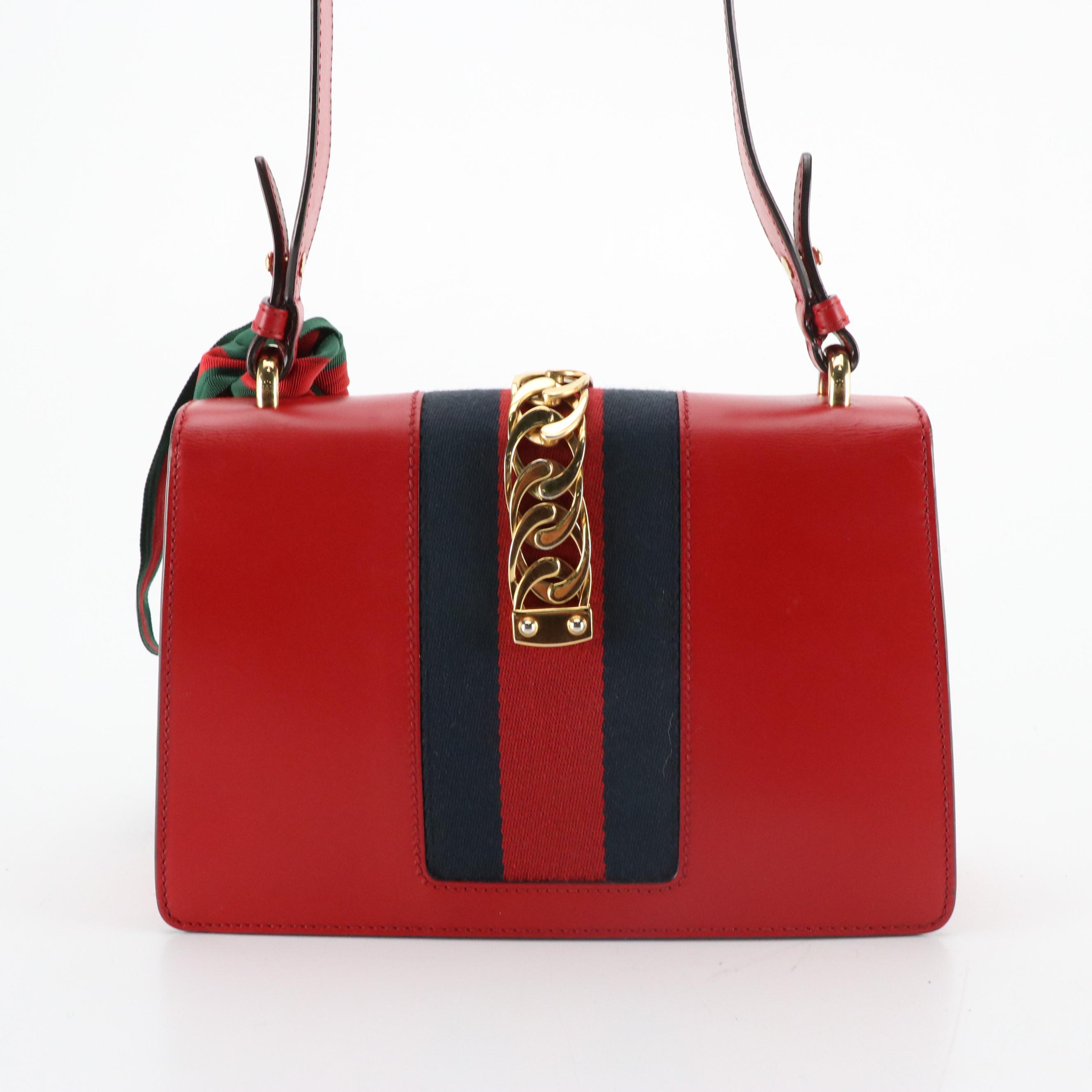Gucci Medium Sylvie Shoulder Bag in Web Striped Red Calfskin Leather