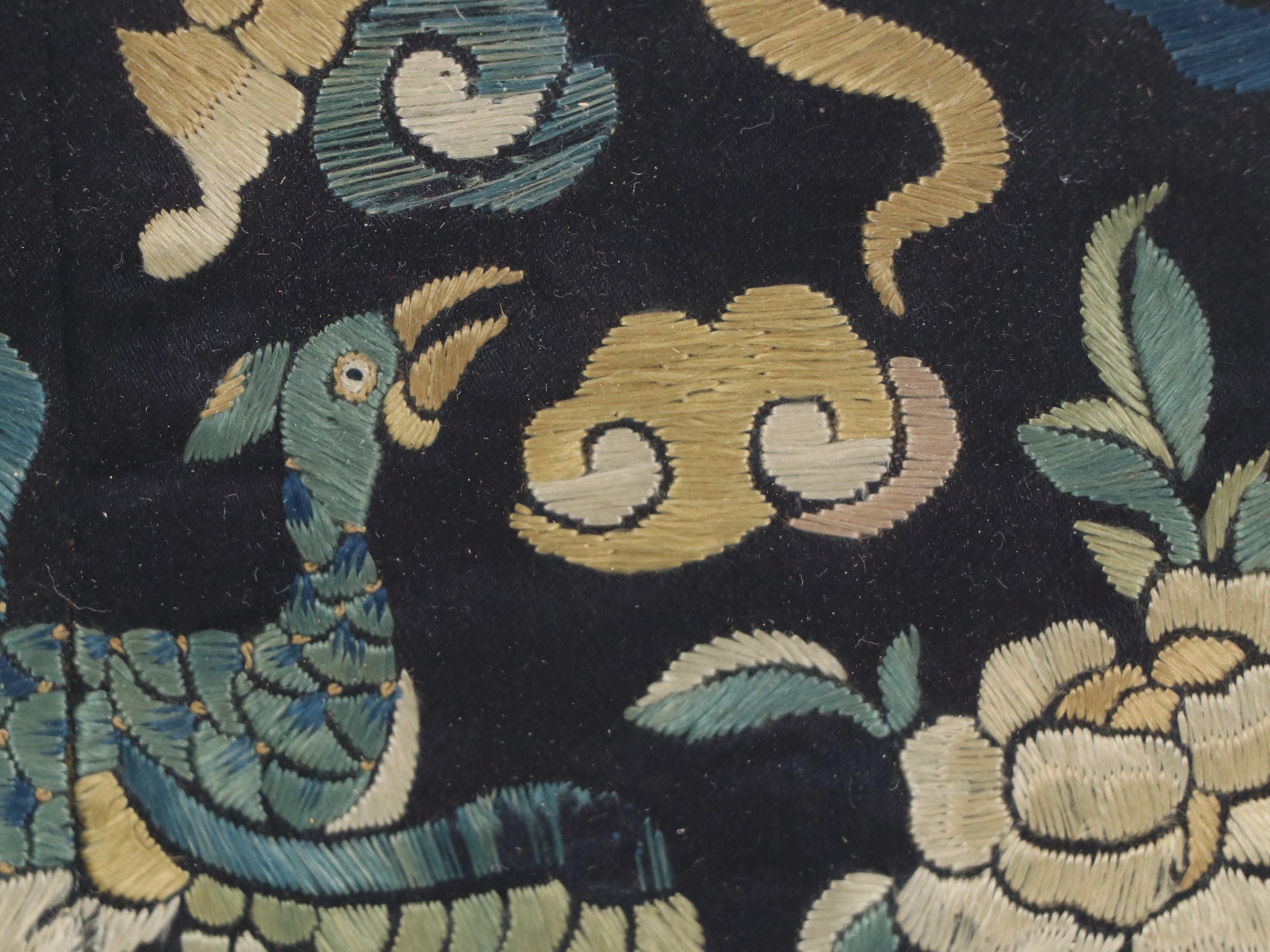 Chinese Qing Dynasty Silk Embroidered Peacock Rank Badge with Goldwork, 19th C.