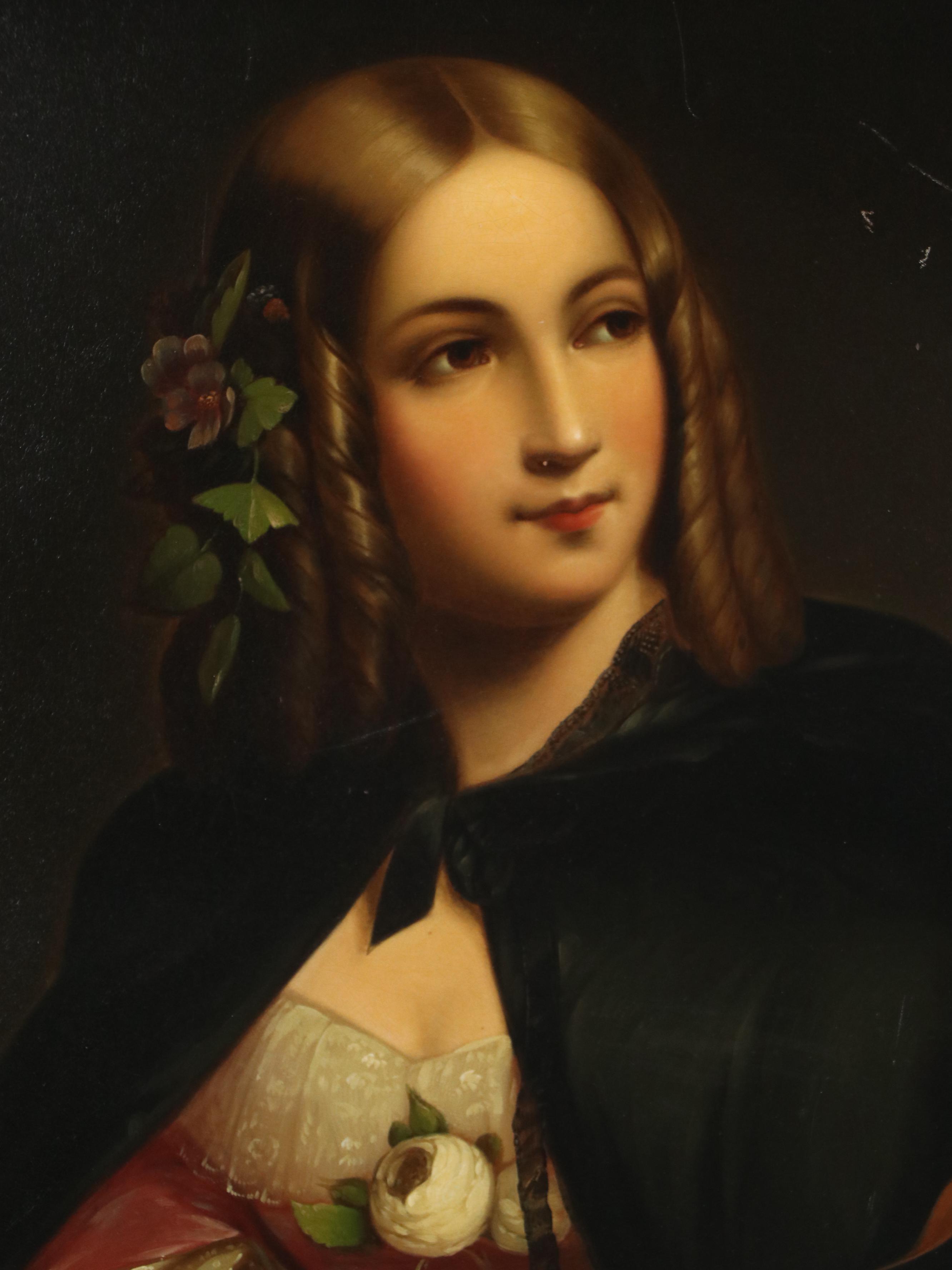 Embellished Tin Lithograph of Young Lady with Mask, 20th Century