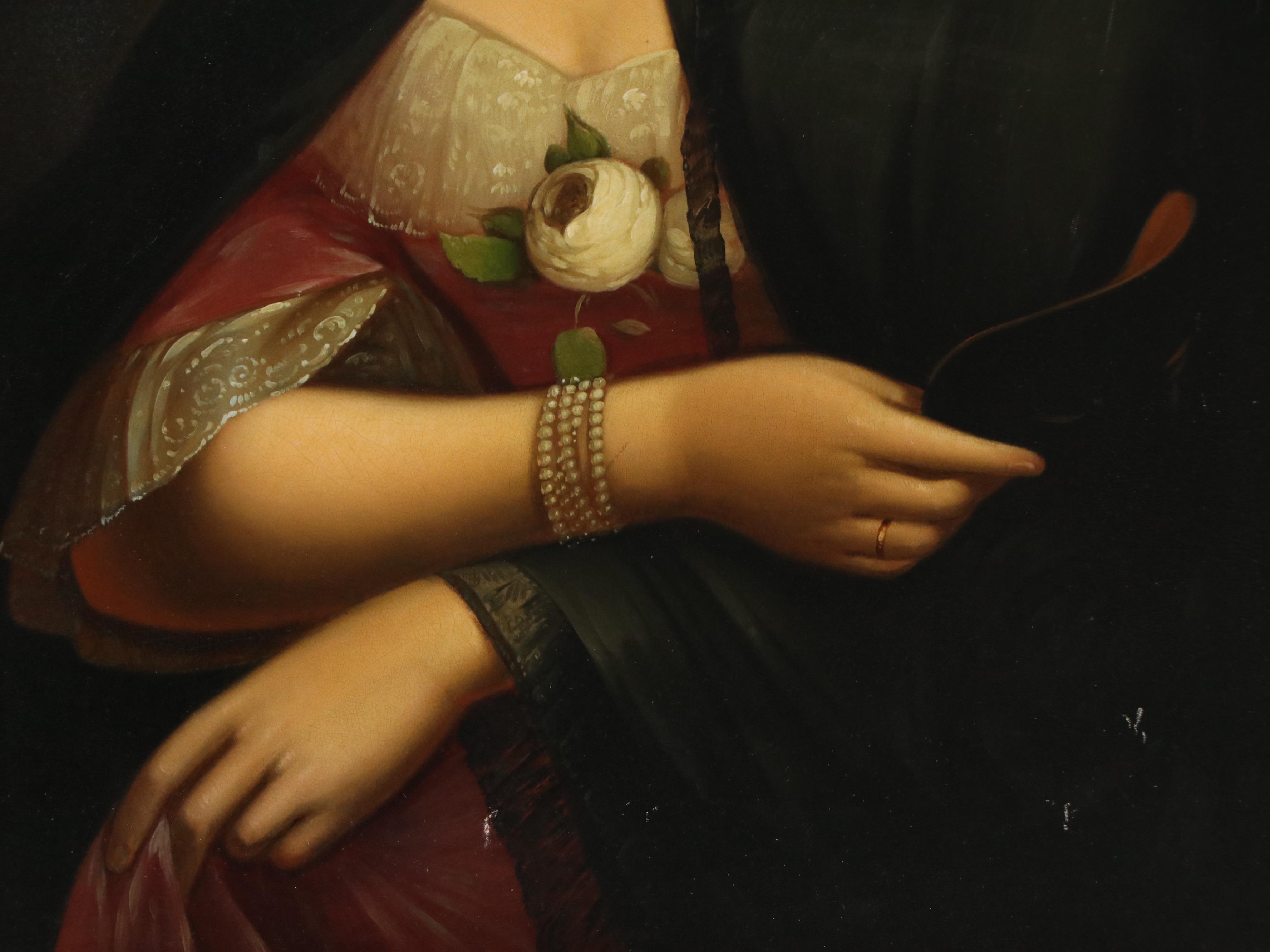 Embellished Tin Lithograph of Young Lady with Mask, 20th Century