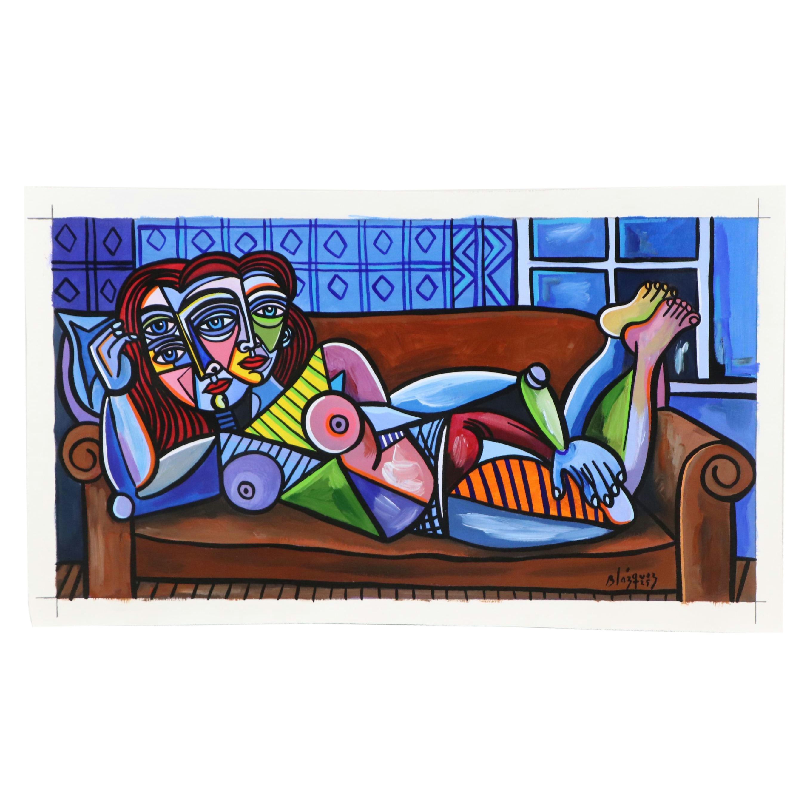 Michel Blázquez Cubist Style Acrylic Painting "Woman on the Sofa," 2025