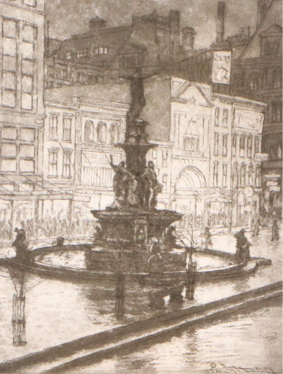 E. T. Hurley Etching with Aquatint "Fountain Square: Night (Cincinnati)," 1934