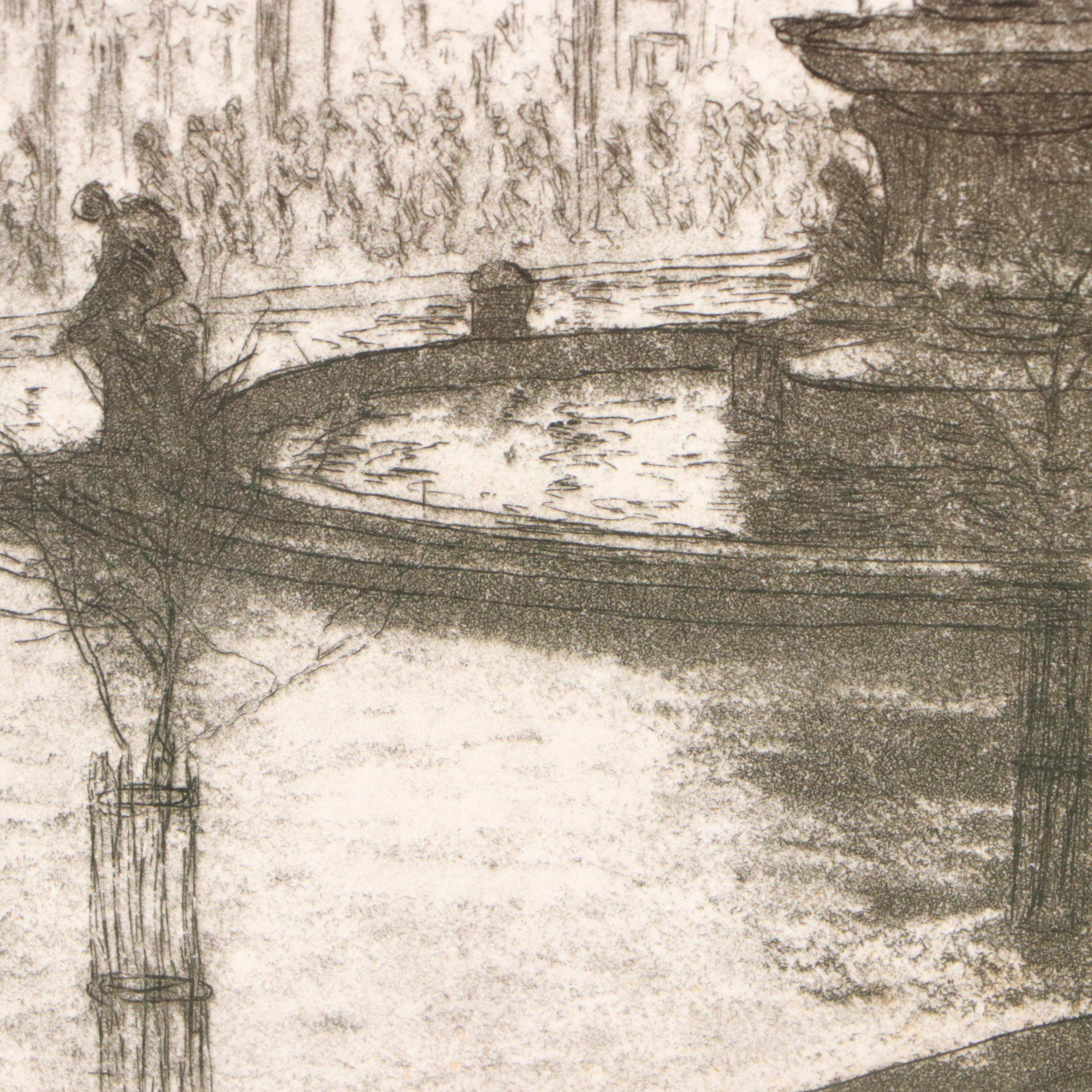 E. T. Hurley Etching with Aquatint "Fountain Square: Night (Cincinnati)," 1934