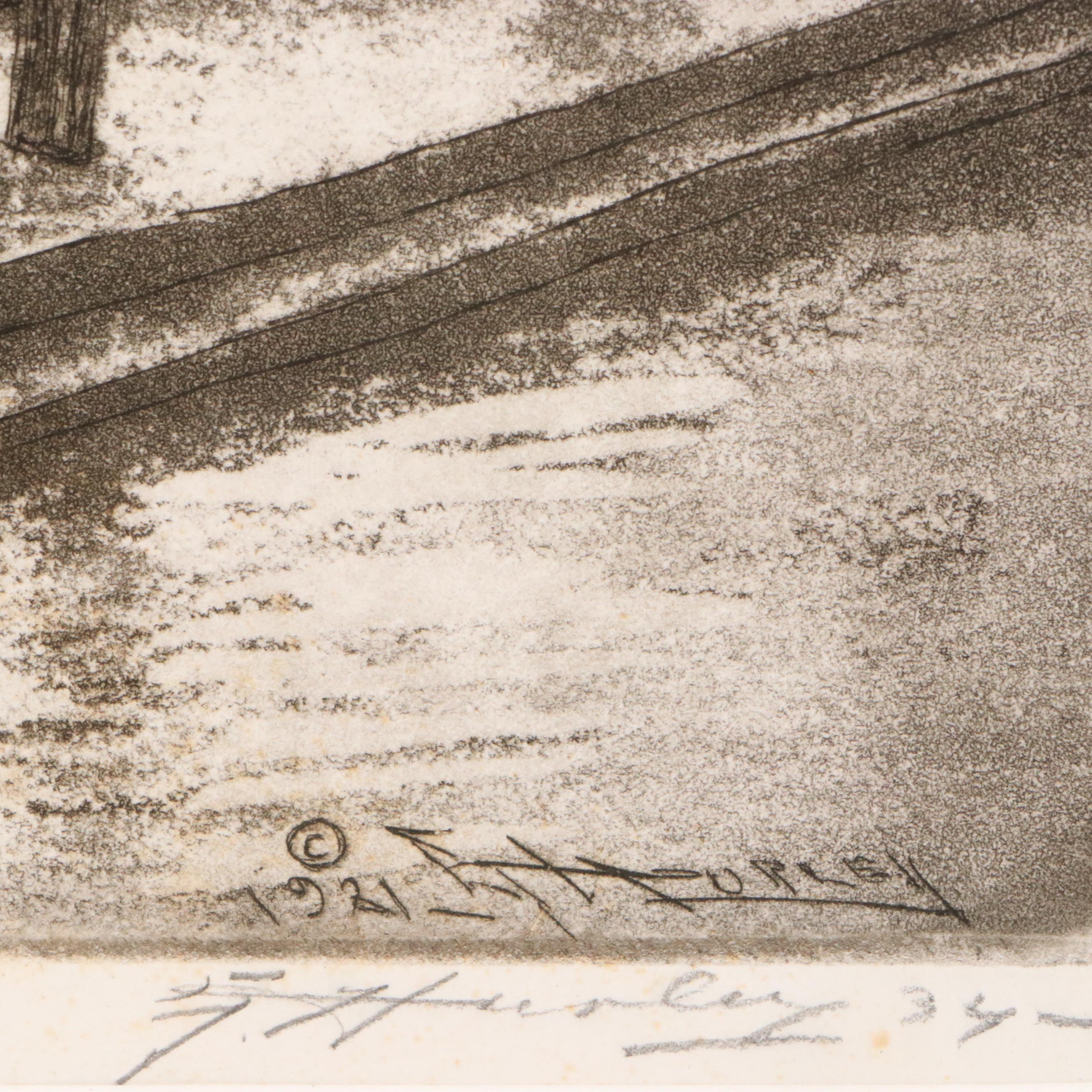 E. T. Hurley Etching with Aquatint "Fountain Square: Night (Cincinnati)," 1934