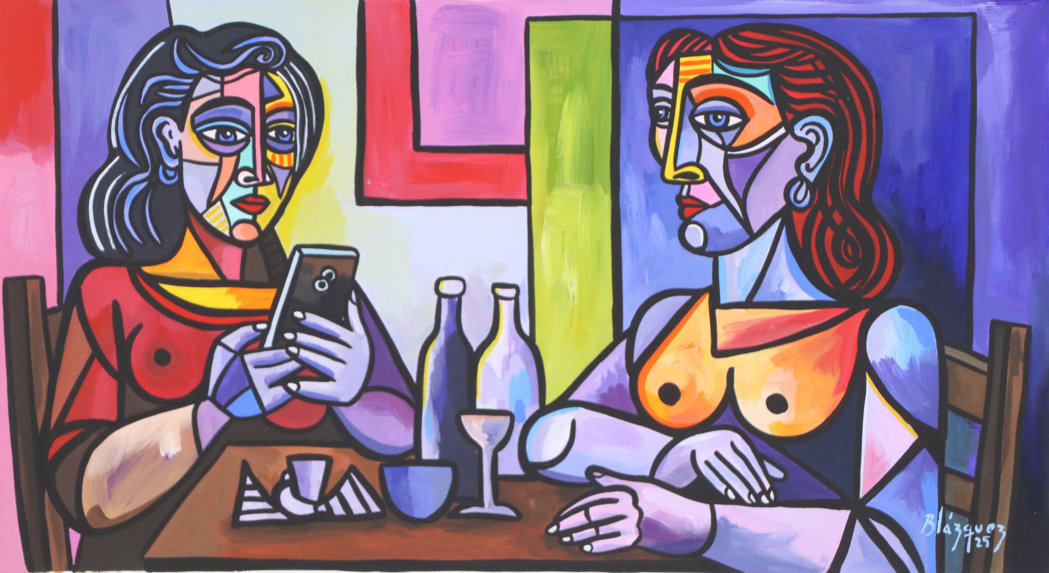 Michel Blázquez Cubist Style Acrylic Painting "Two Women," 2025