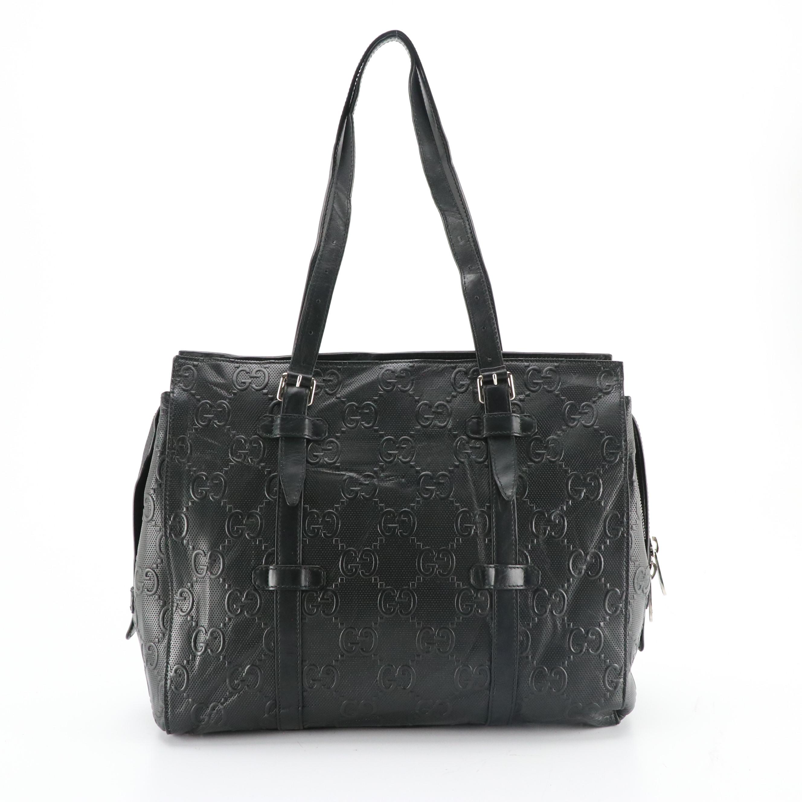 Gucci Buckle Strap Tote in Black GG Embossed and Perforated Calfskin Leather