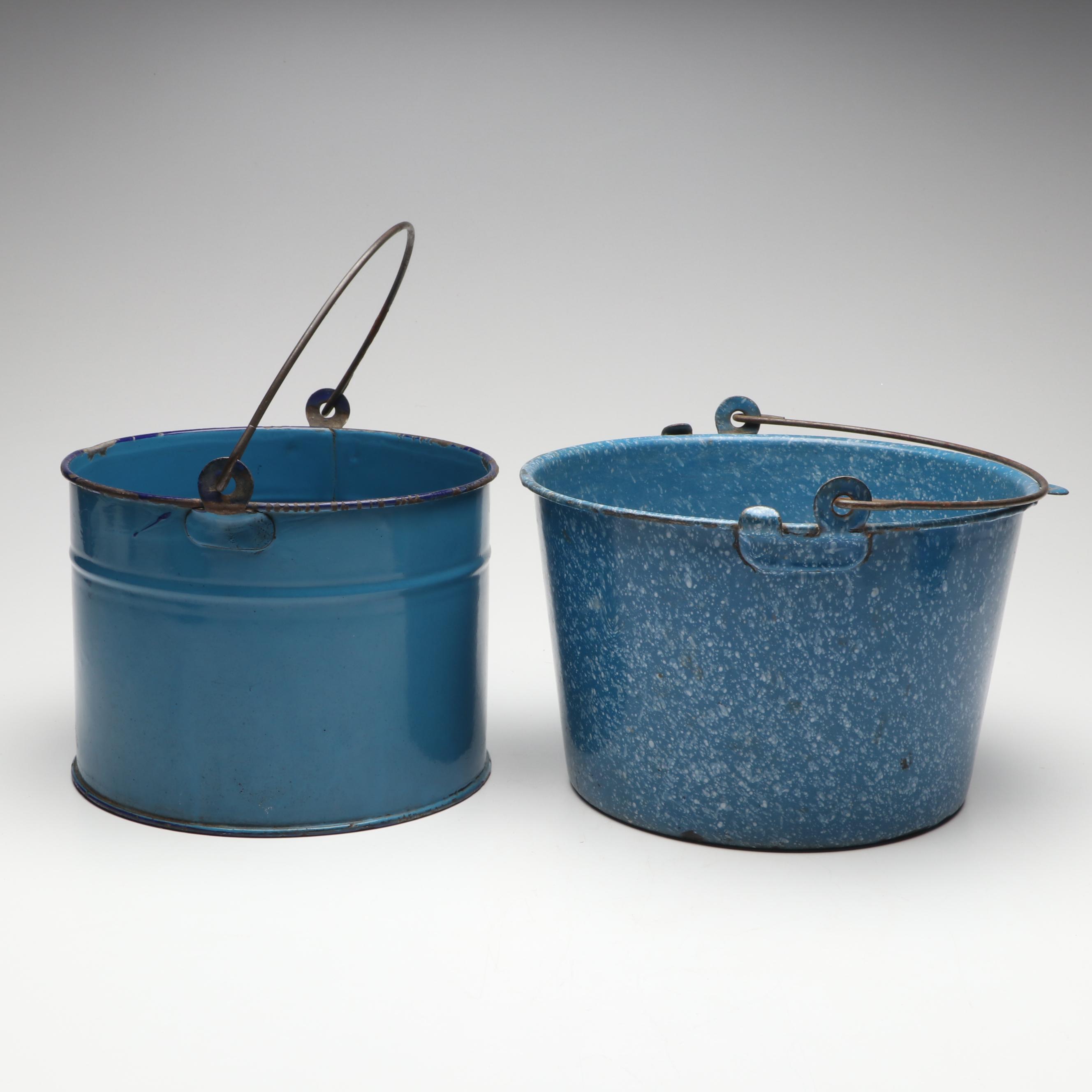Blue and White Splatter Enamelware Muffin Tins with Pots, Bowls and Pitcher