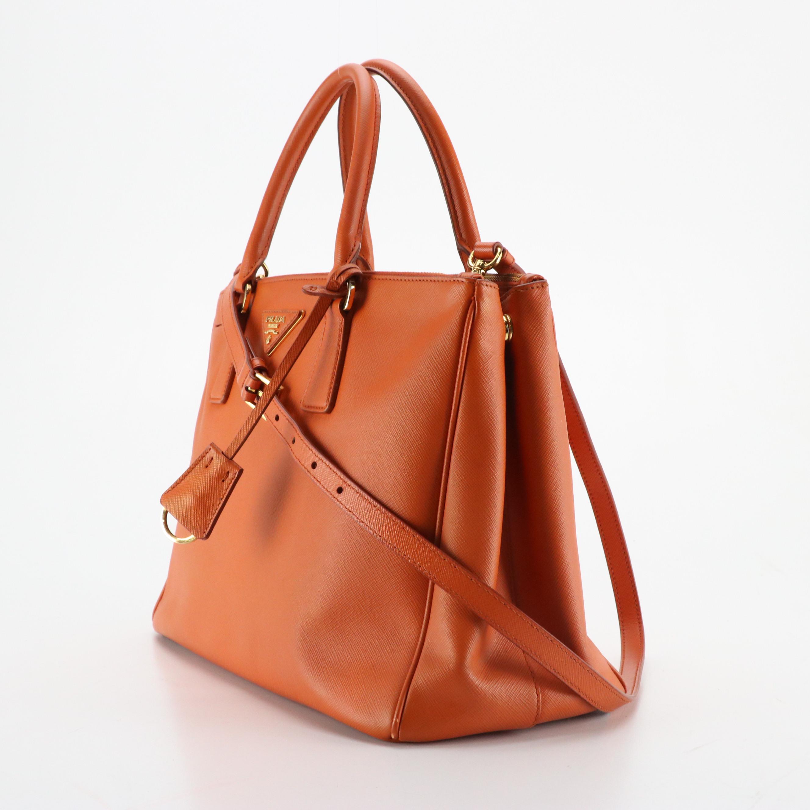 Prada Double Zip Galleria Tote Bag in Burnt Orange Saffiano Lux Leather