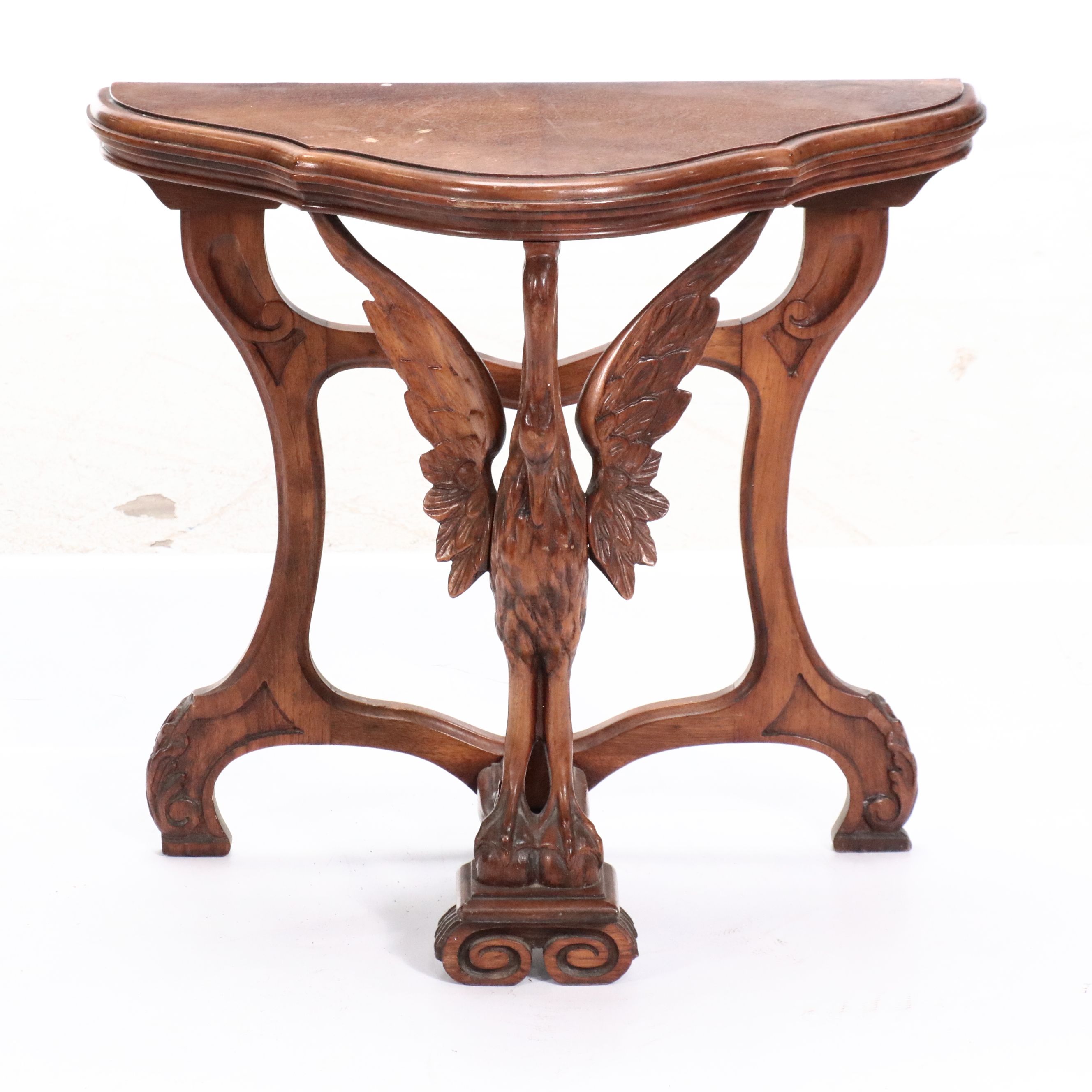 Carved Walnut Hall Table Featuring Swan Form Leg