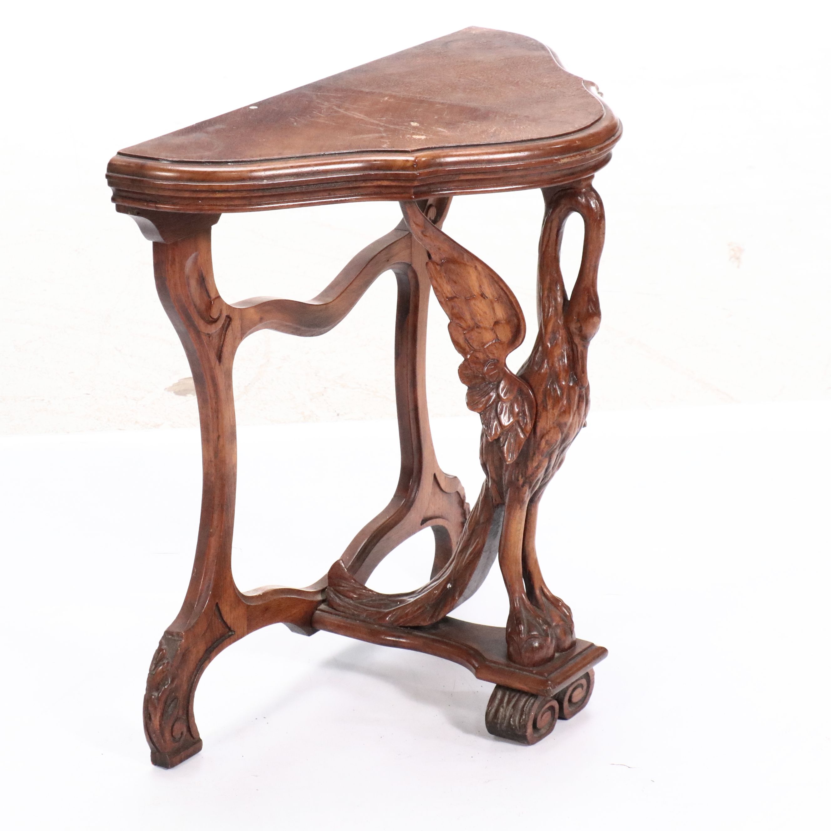 Carved Walnut Hall Table Featuring Swan Form Leg