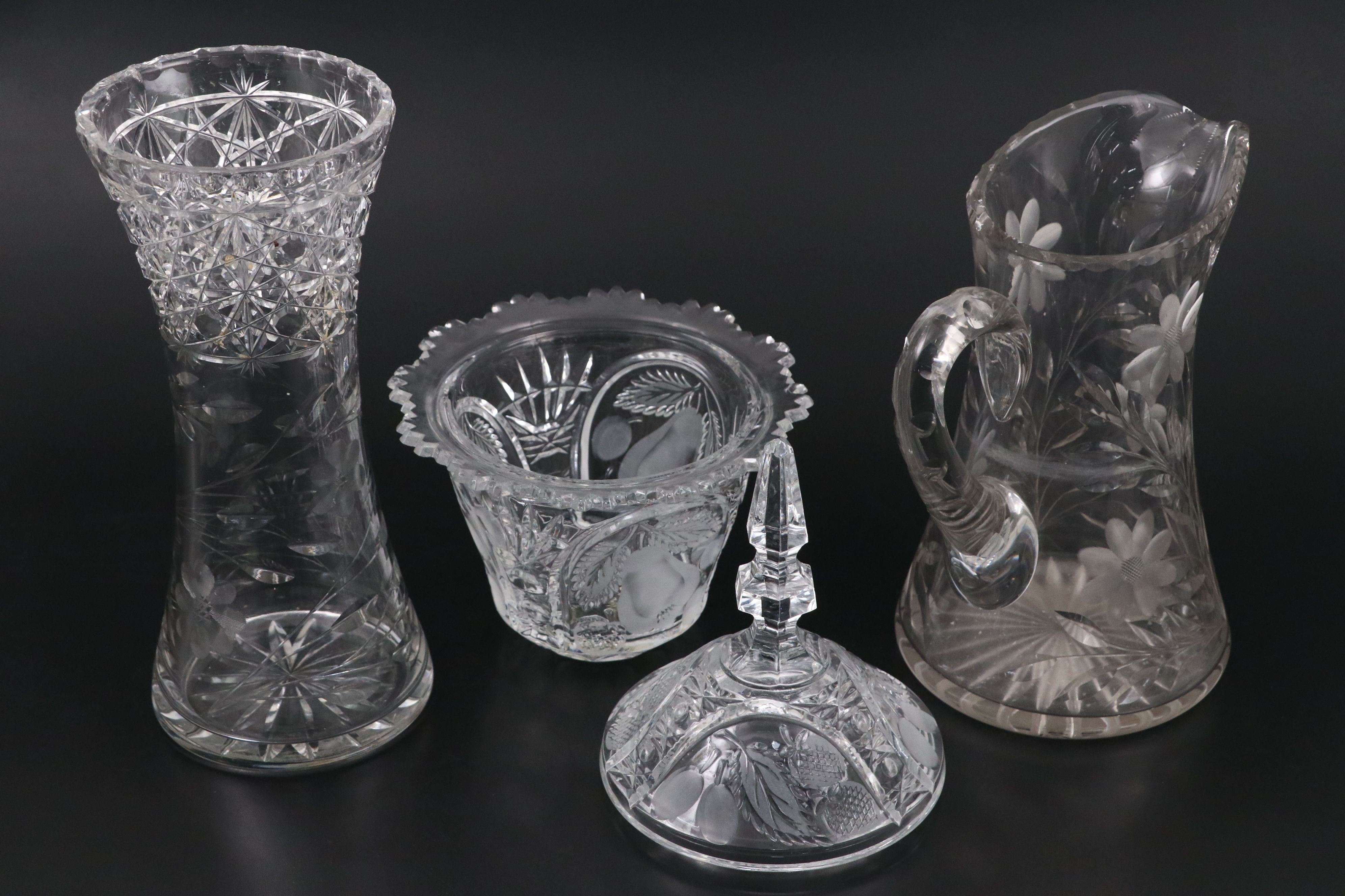 Frosted Glass Rose Bowl with More Cut and Etched Glass Dishes