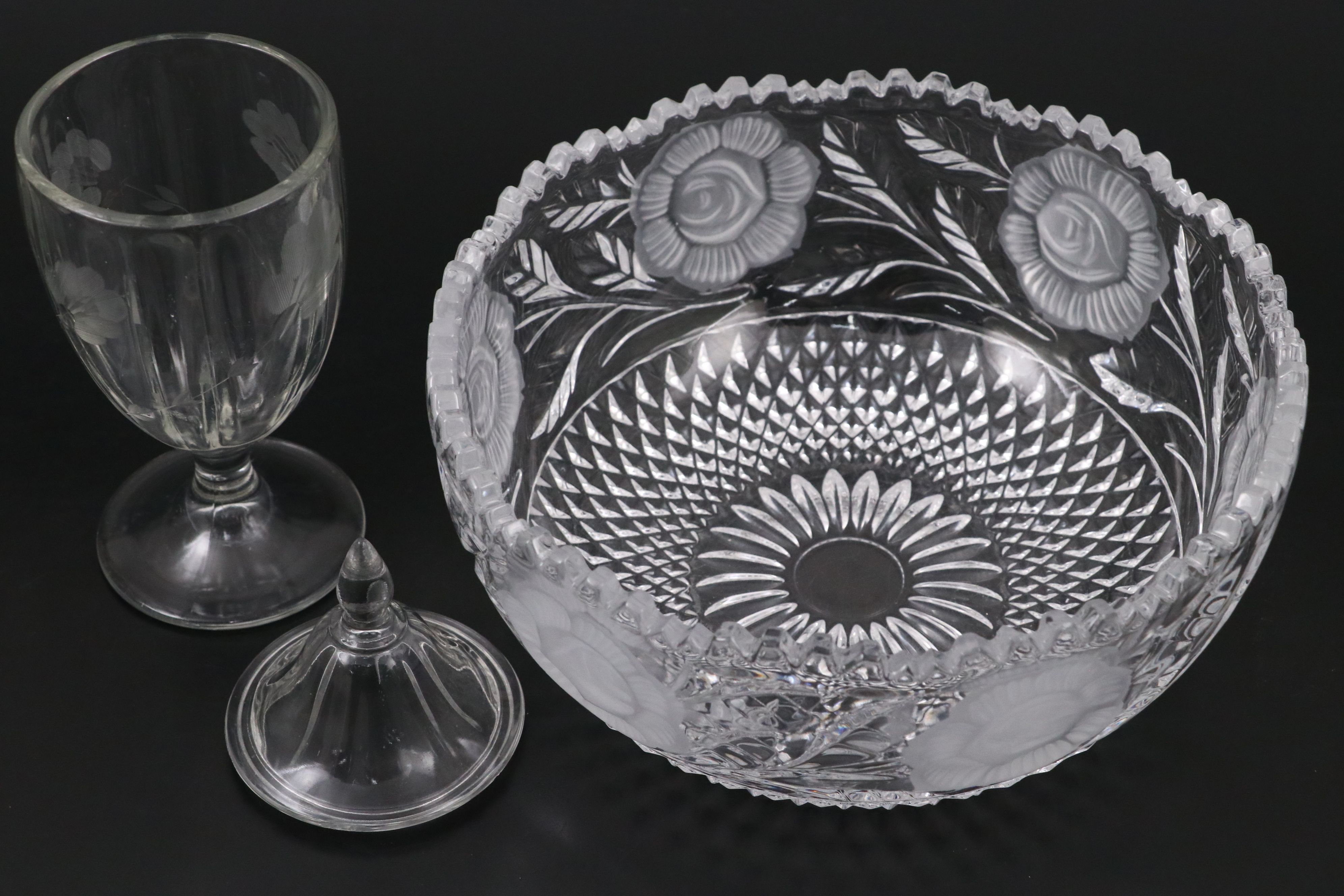 Frosted Glass Rose Bowl with More Cut and Etched Glass Dishes