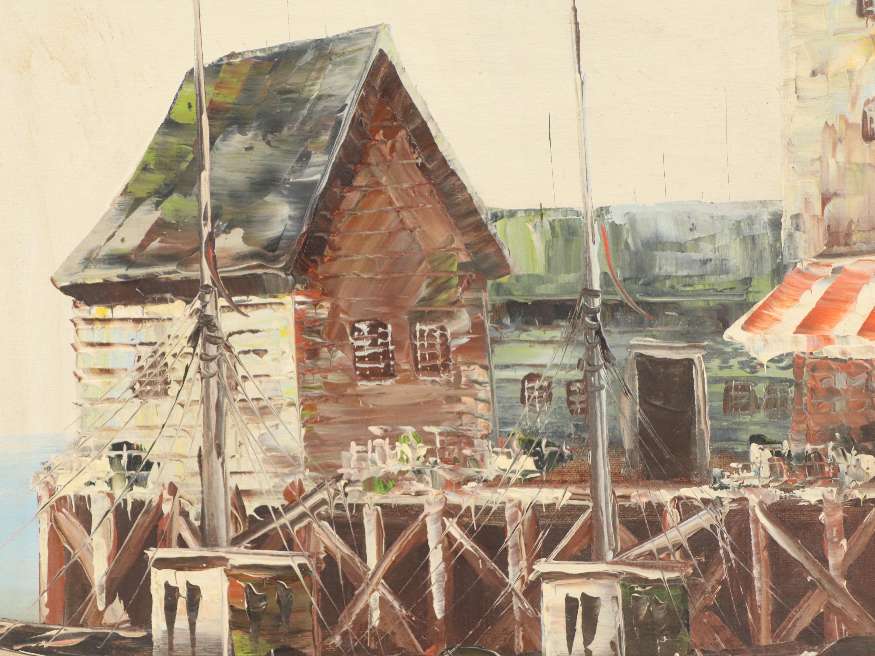 Brian Roche Oil Painting of Docked Fishing Sailboats, Mid-20th Century