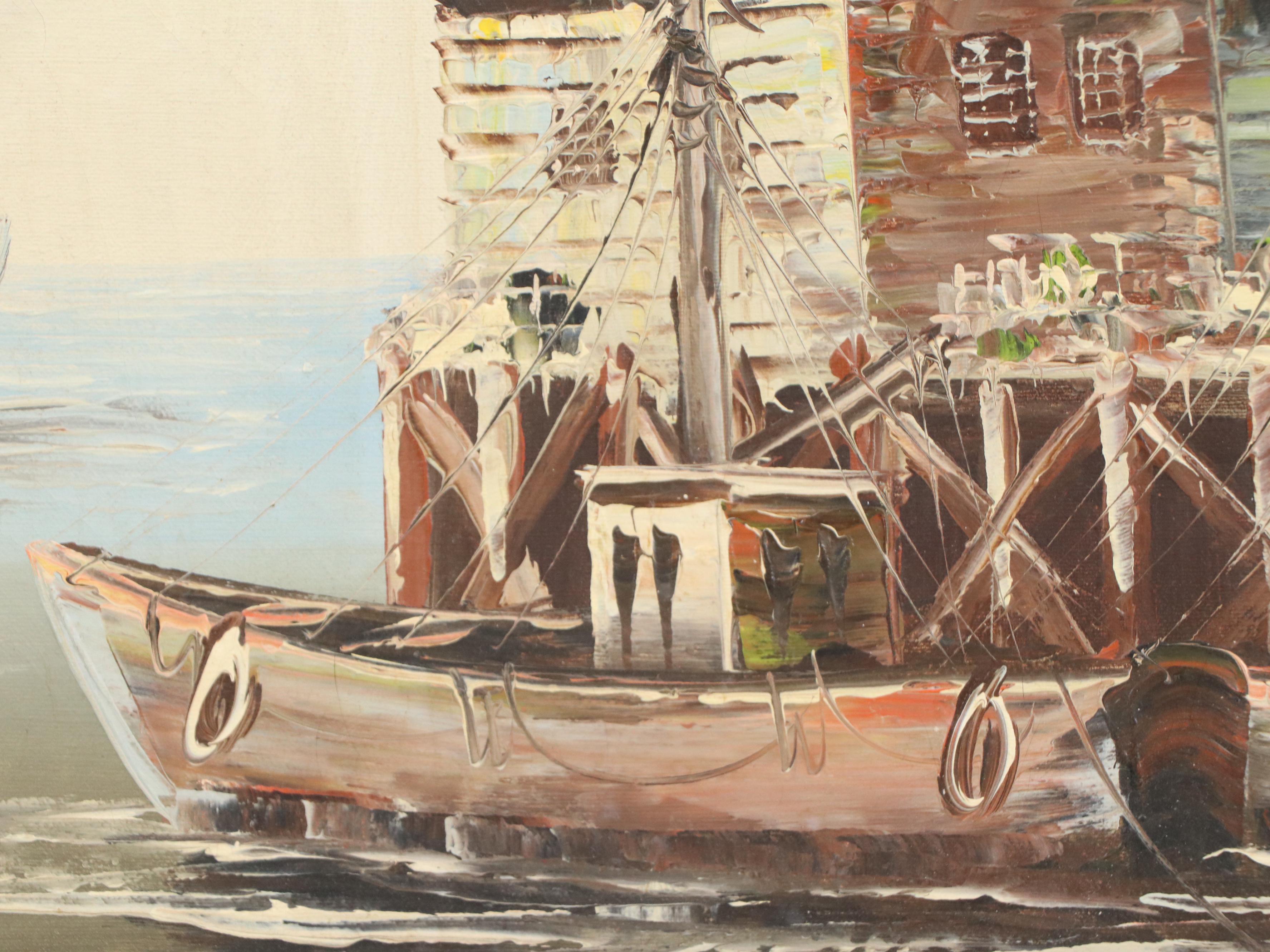 Brian Roche Oil Painting of Docked Fishing Sailboats, Mid-20th Century