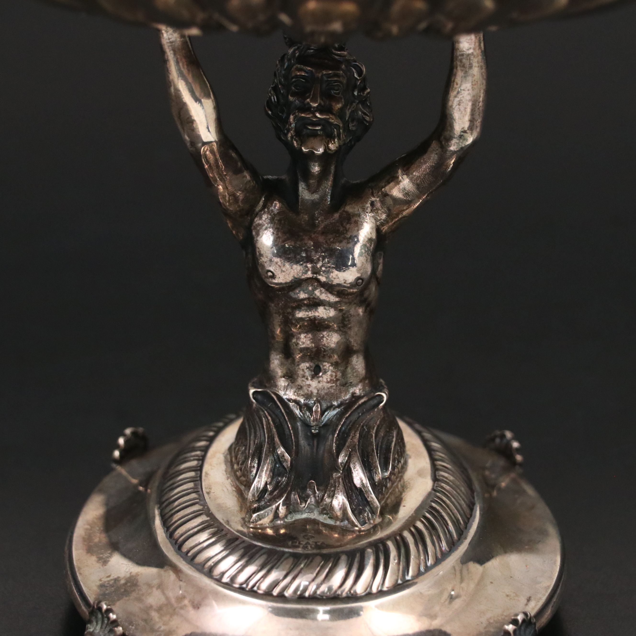 Spanish 915 Silver Figural Shell and Merman Pedestal Bowl