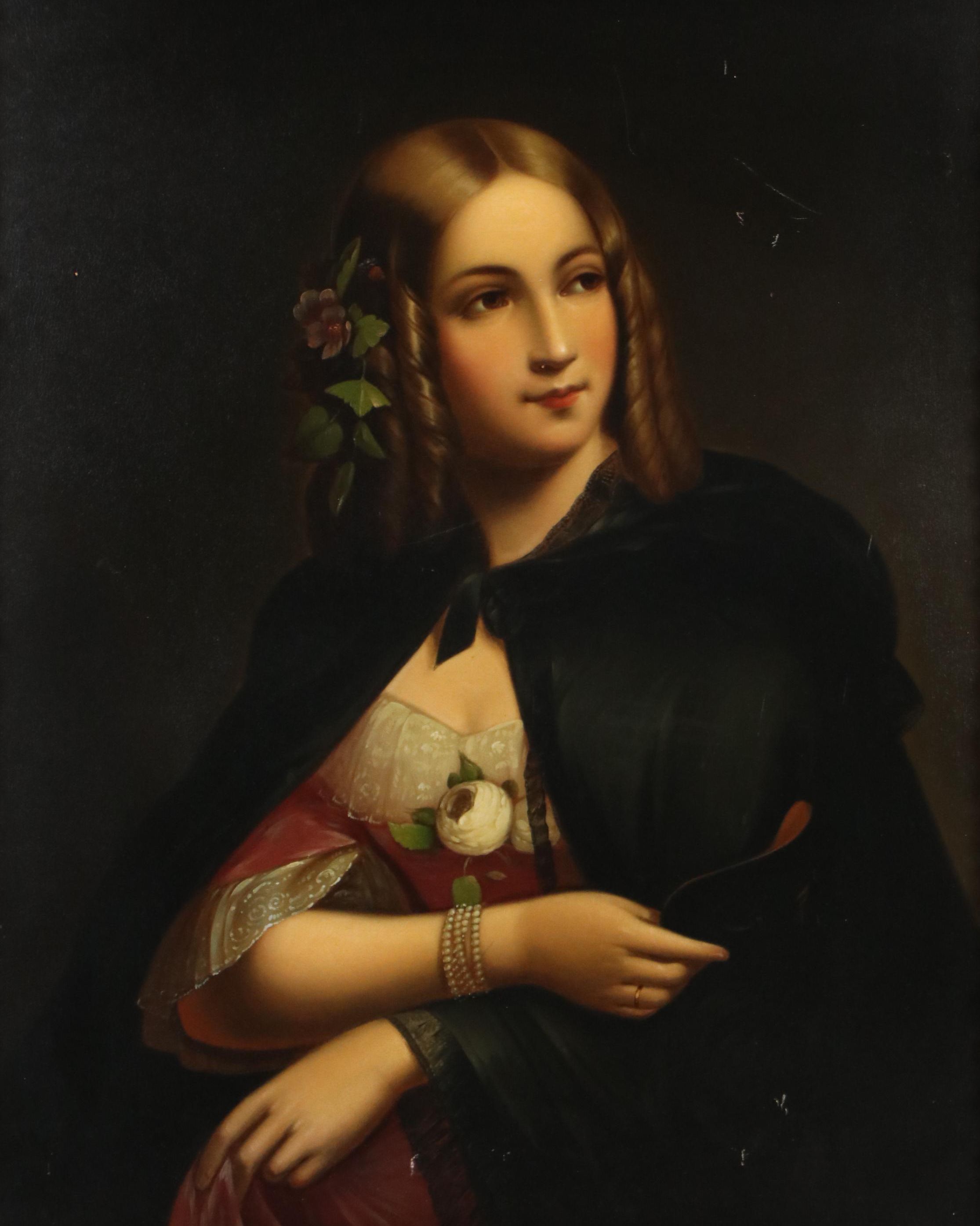 Embellished Tin Lithograph of Young Lady with Mask, 20th Century