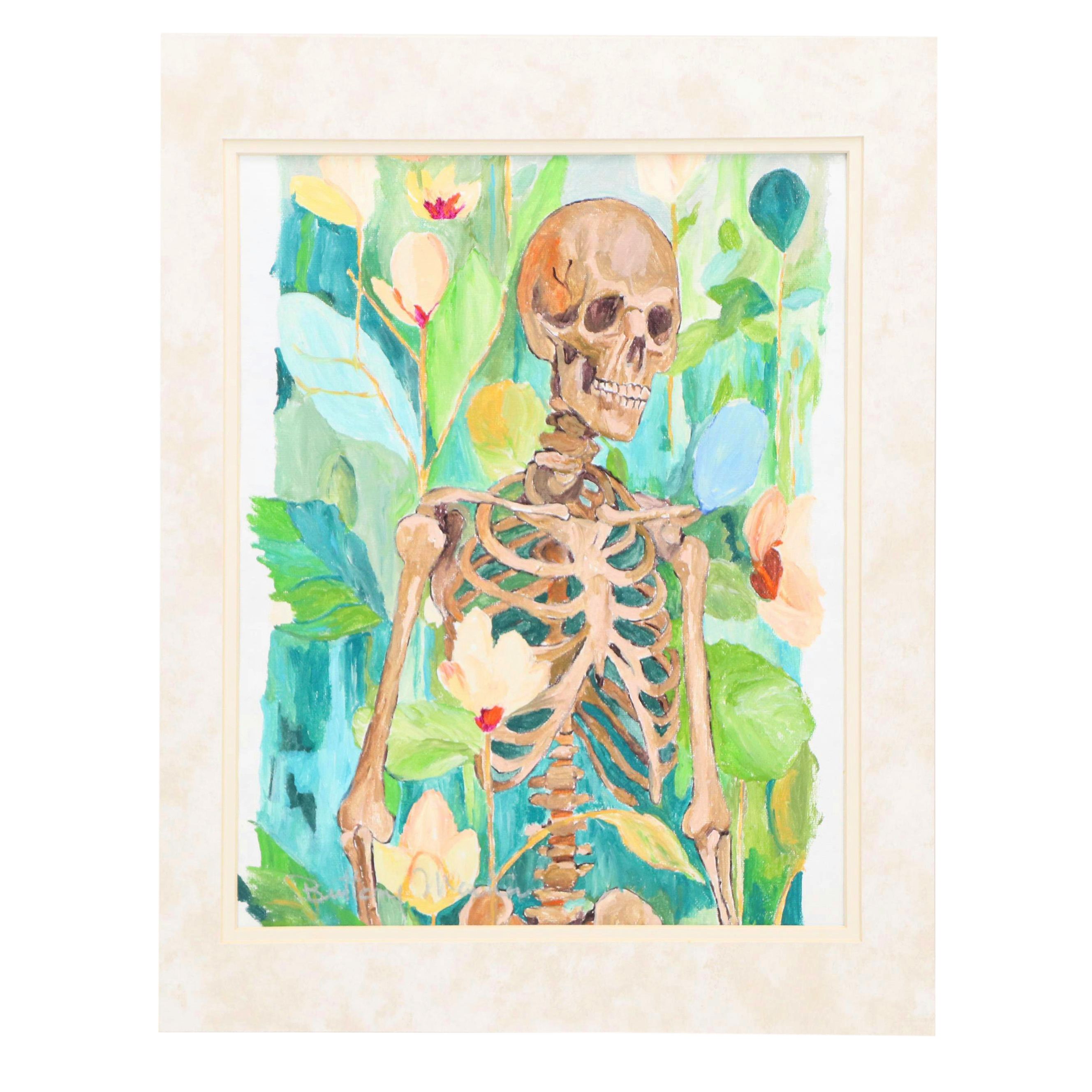 Brittony Martin Acrylic Painting of Skeleton Among Flowers, 21st Century