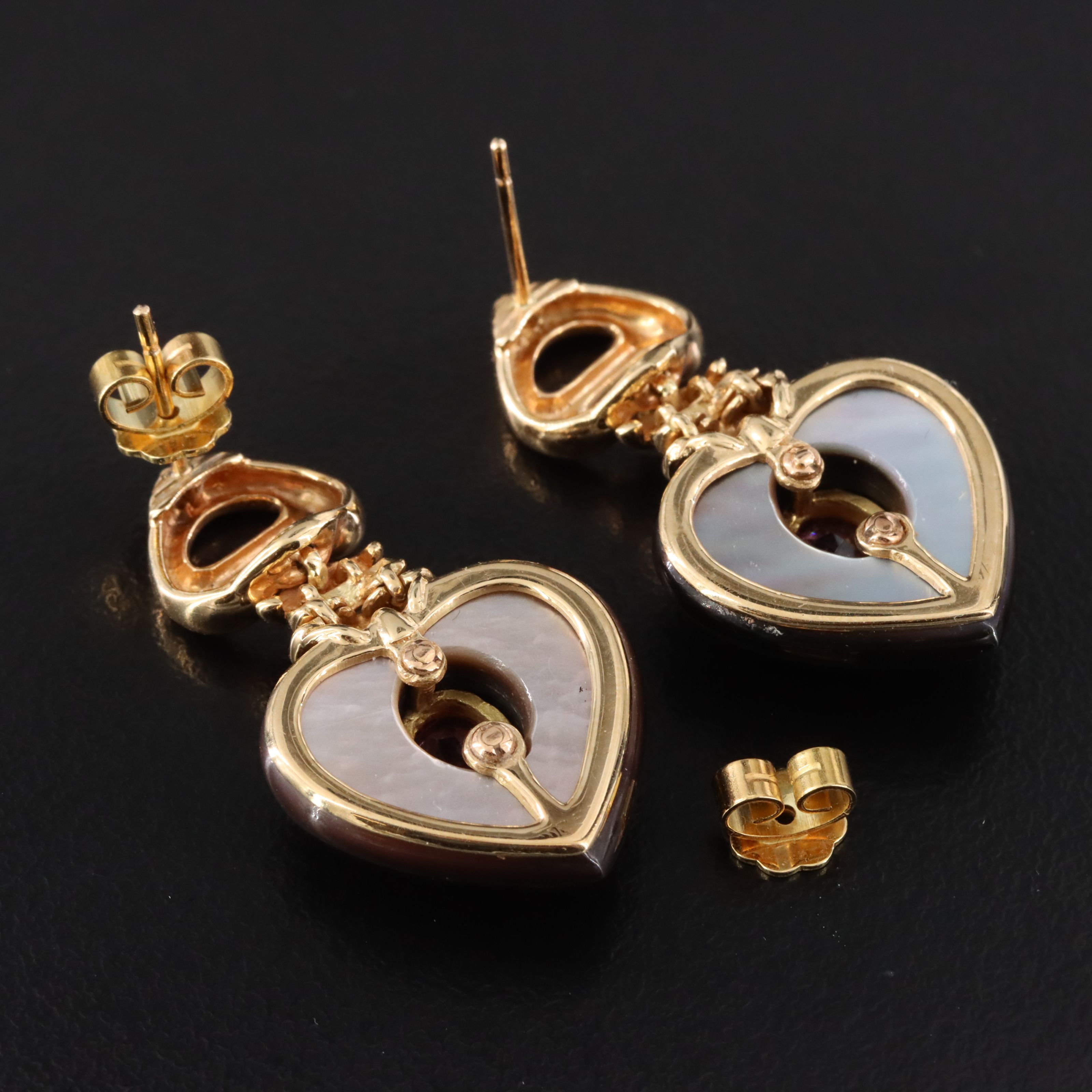 18K Mother-of-Pearl and Tourmaline Heart Earrings