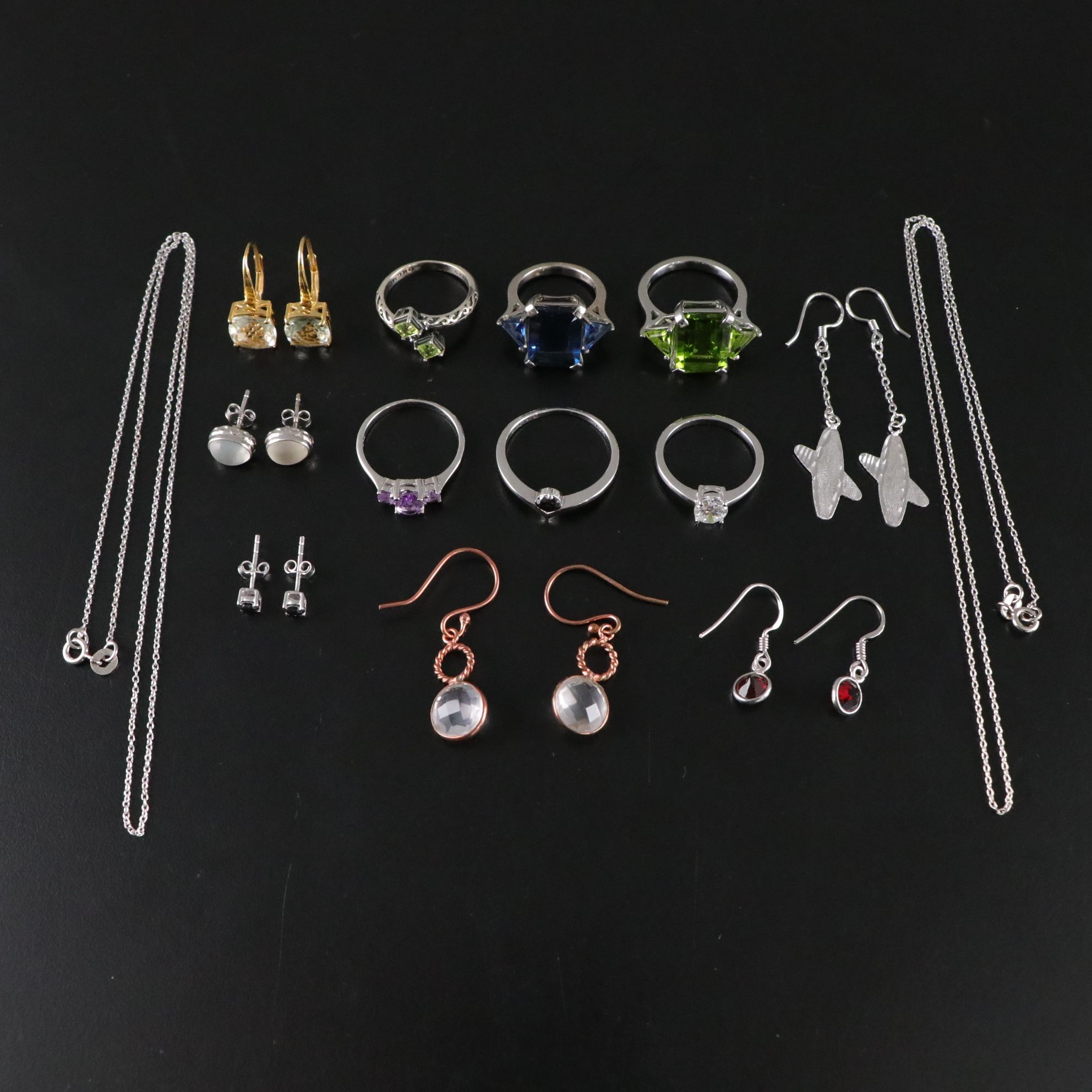 14 Assorted Sterling Silver Rings, Necklaces and Earrings
