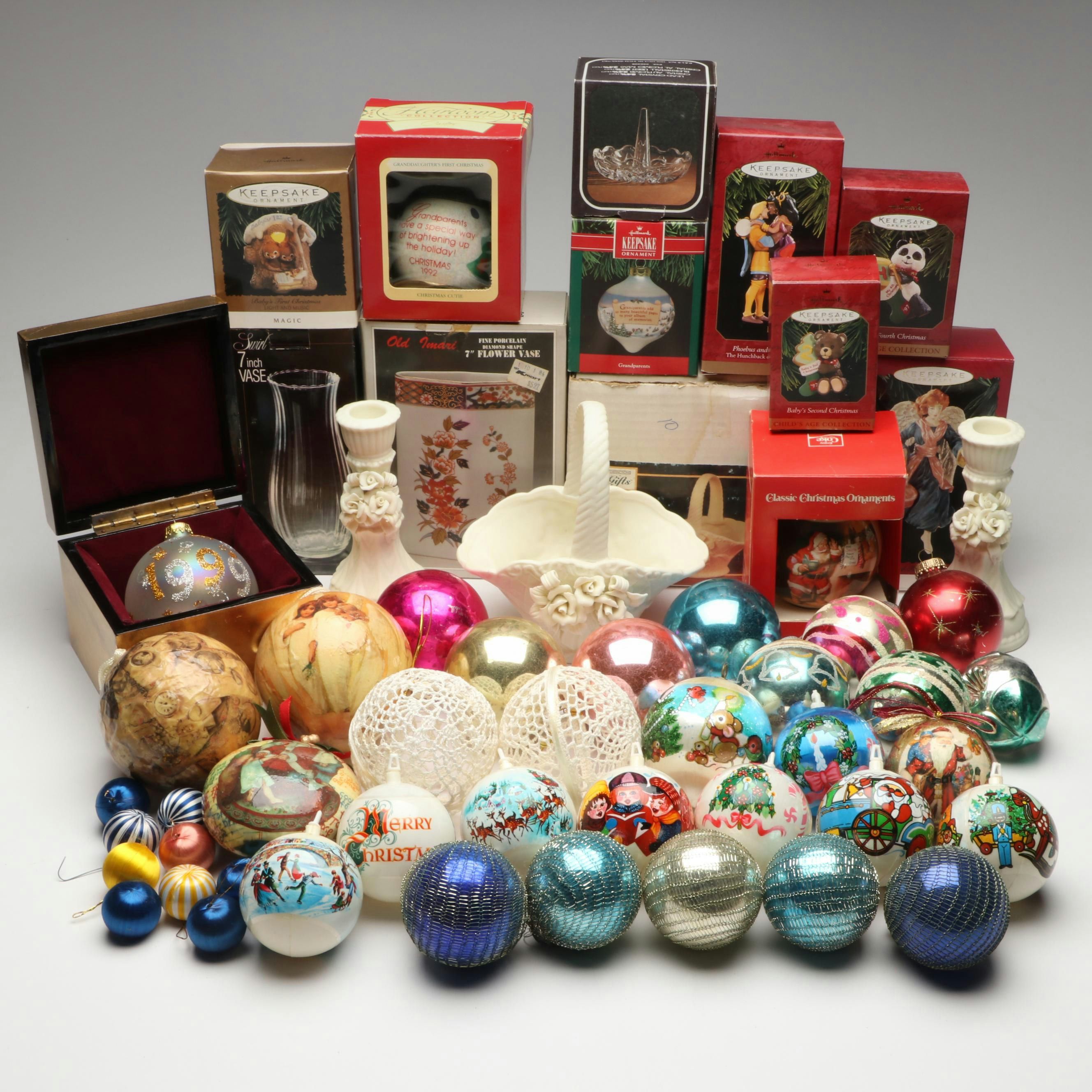 Bisque Basket and Matching Candlesticks with Christmas Ornaments and More Décor