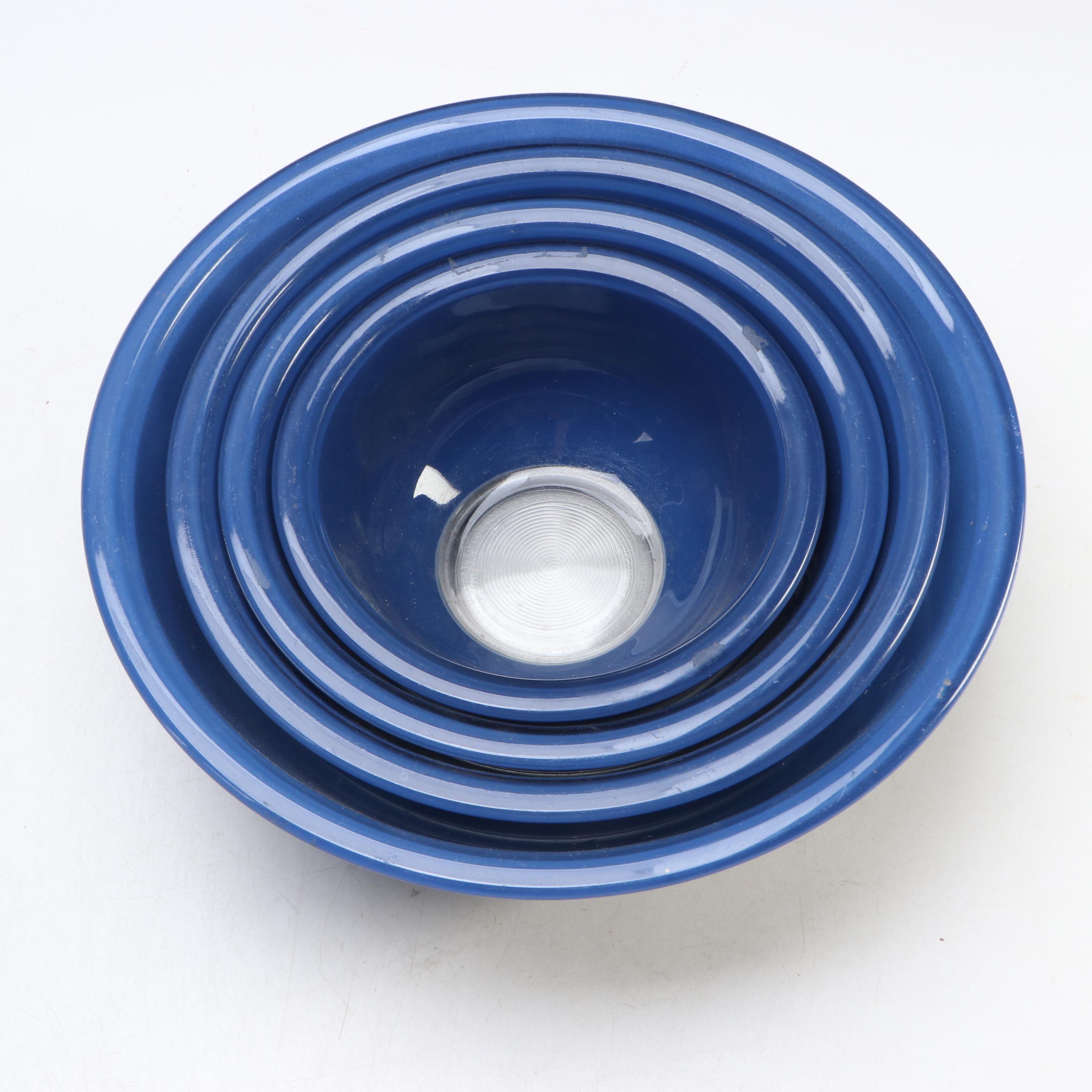 Corning Ware "Cornflower Blue" Glass Platter with Pyrex Glass Mixing Bowls